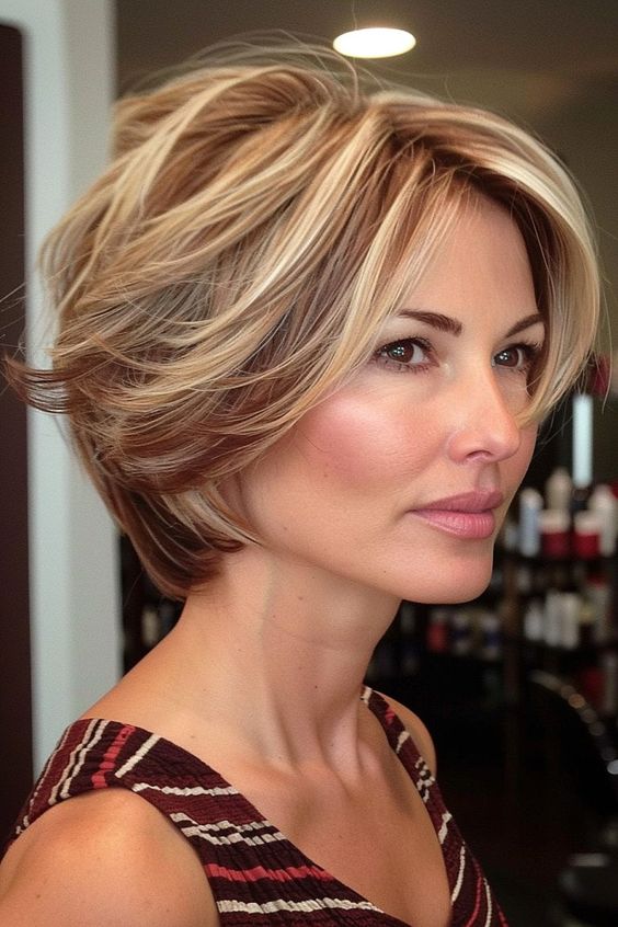 layered bob hairstyle with blonde highlights