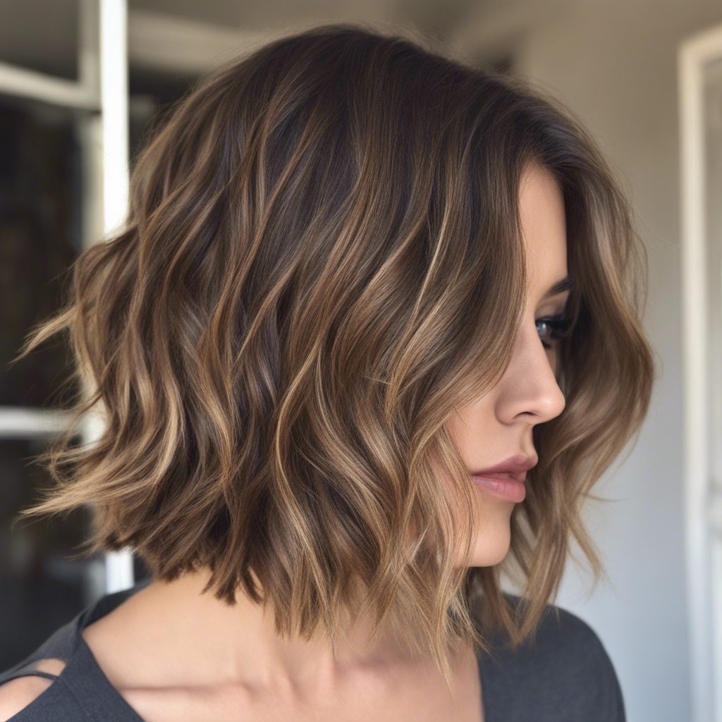 Messy Brunette Bob with Caramel Balayage