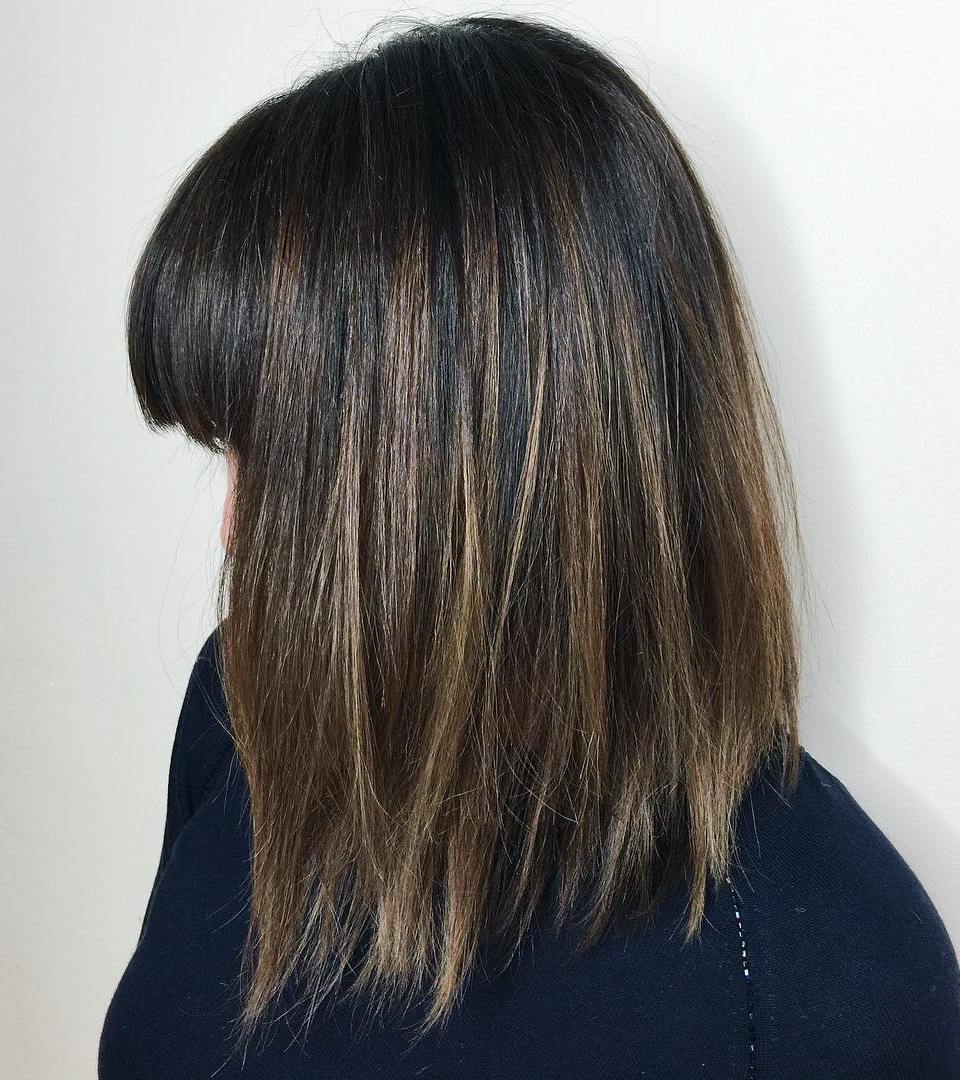 Long Mocha-Colored Bob With Bangs