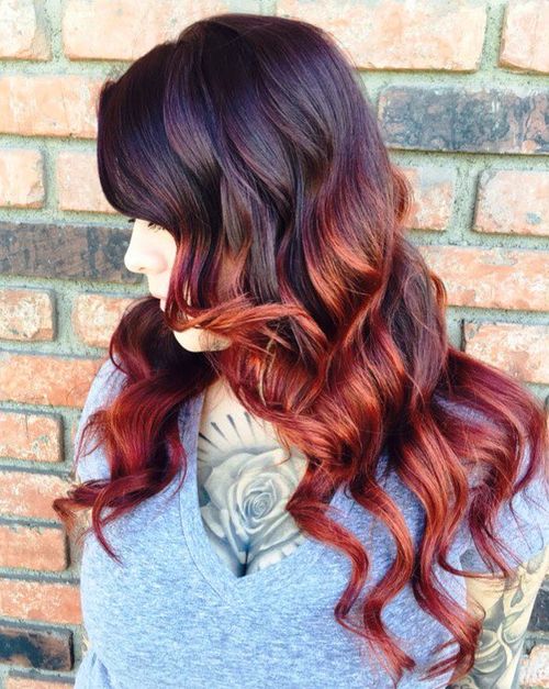 black hair with burgundy and caramel balayage