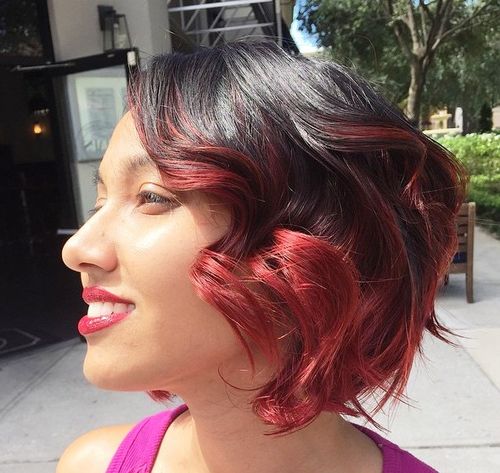 black wavy bob with marsala balayage