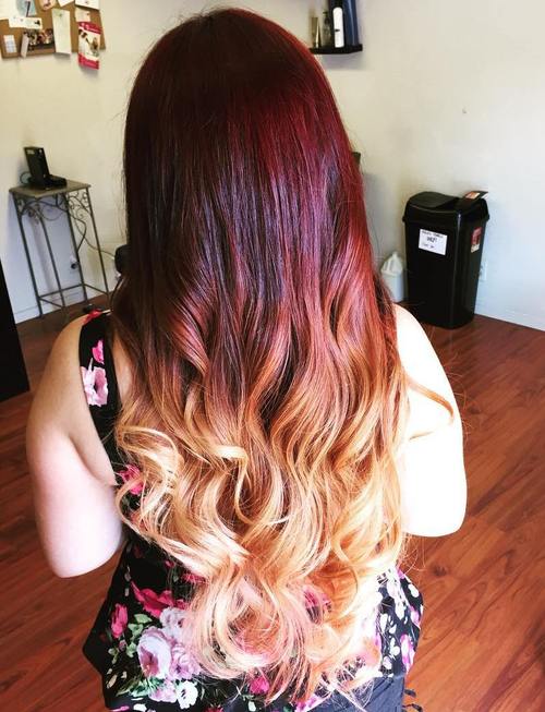 brown to blonde ombre with red balayage