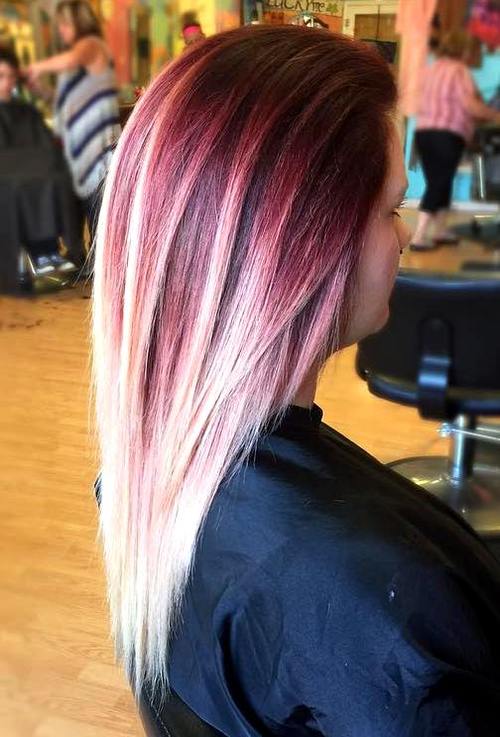 dark brown hair with red and blonde balayage