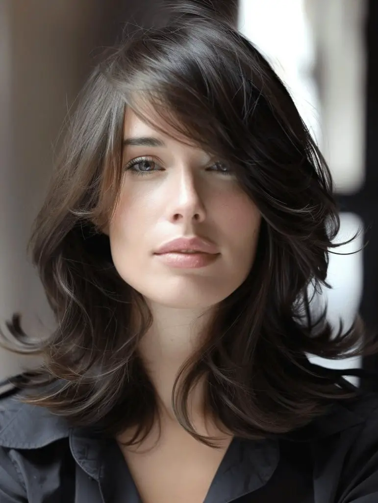 Chic and Easy: Medium-Length Hair with Layered Bangs for Effortless Style