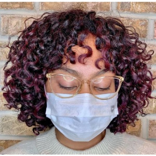 Curly Dark Plum Bob With Fine Fringe