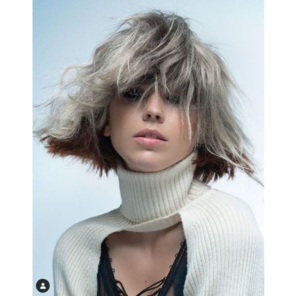 Messy Futuristic Two-Colored Curly Bob With Heavy Fringe