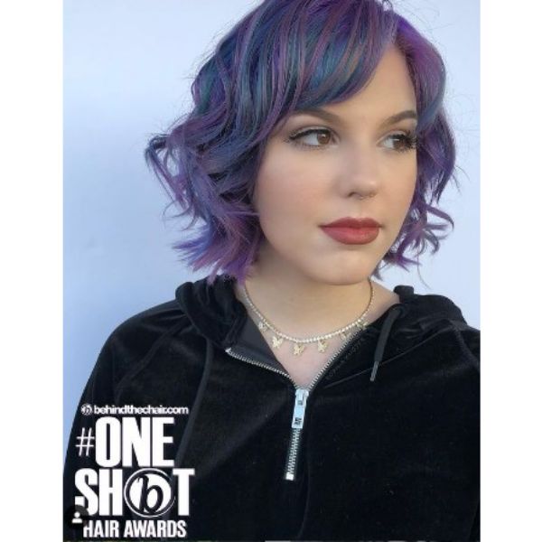 Purple Blue Curly Bob Hair With Bangs