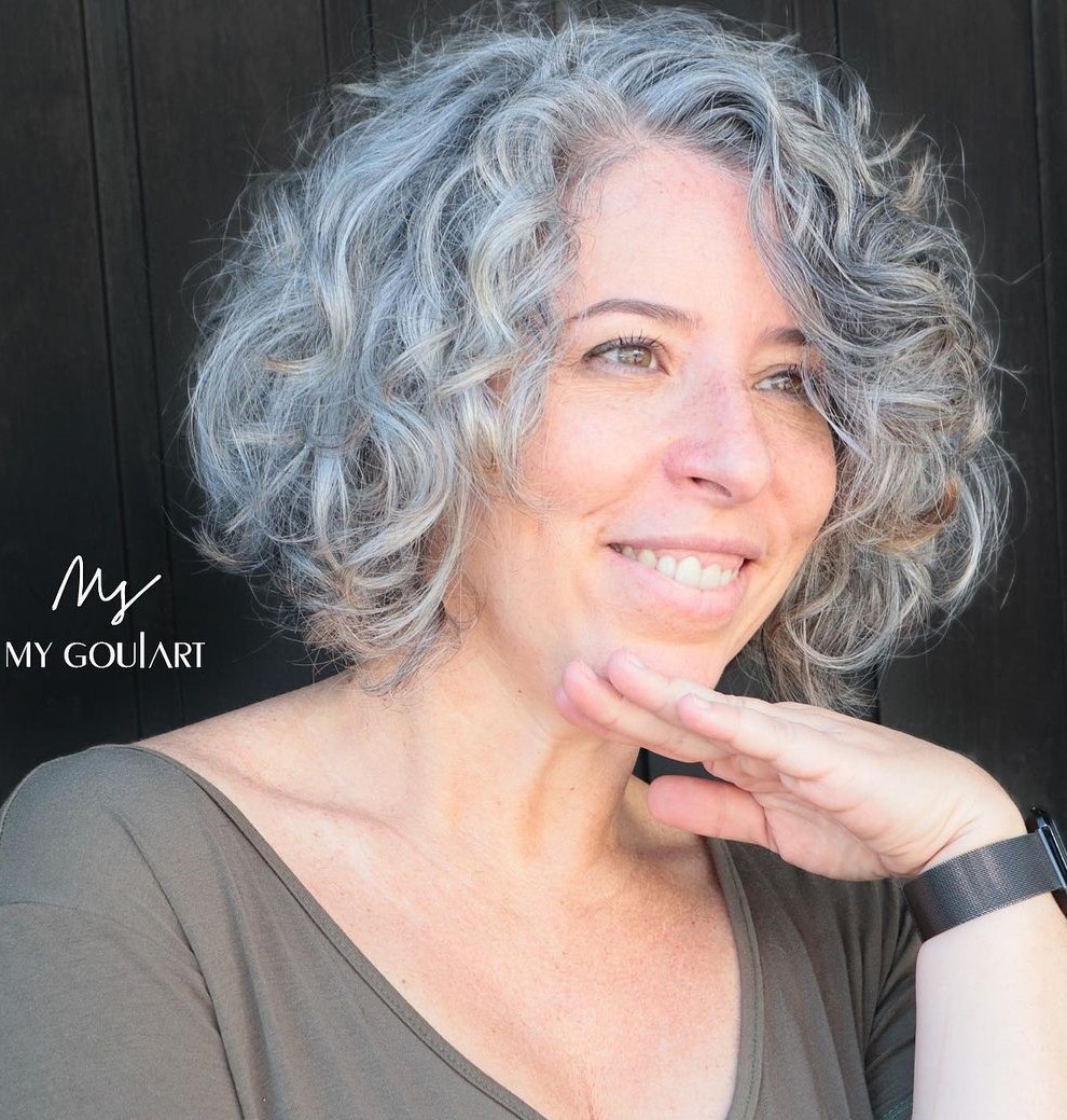 Curly Gray Bob with Side Part