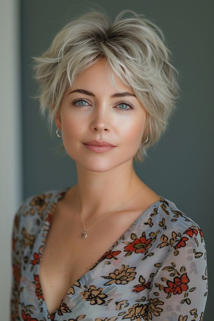 Short messy pixie with dark roots
