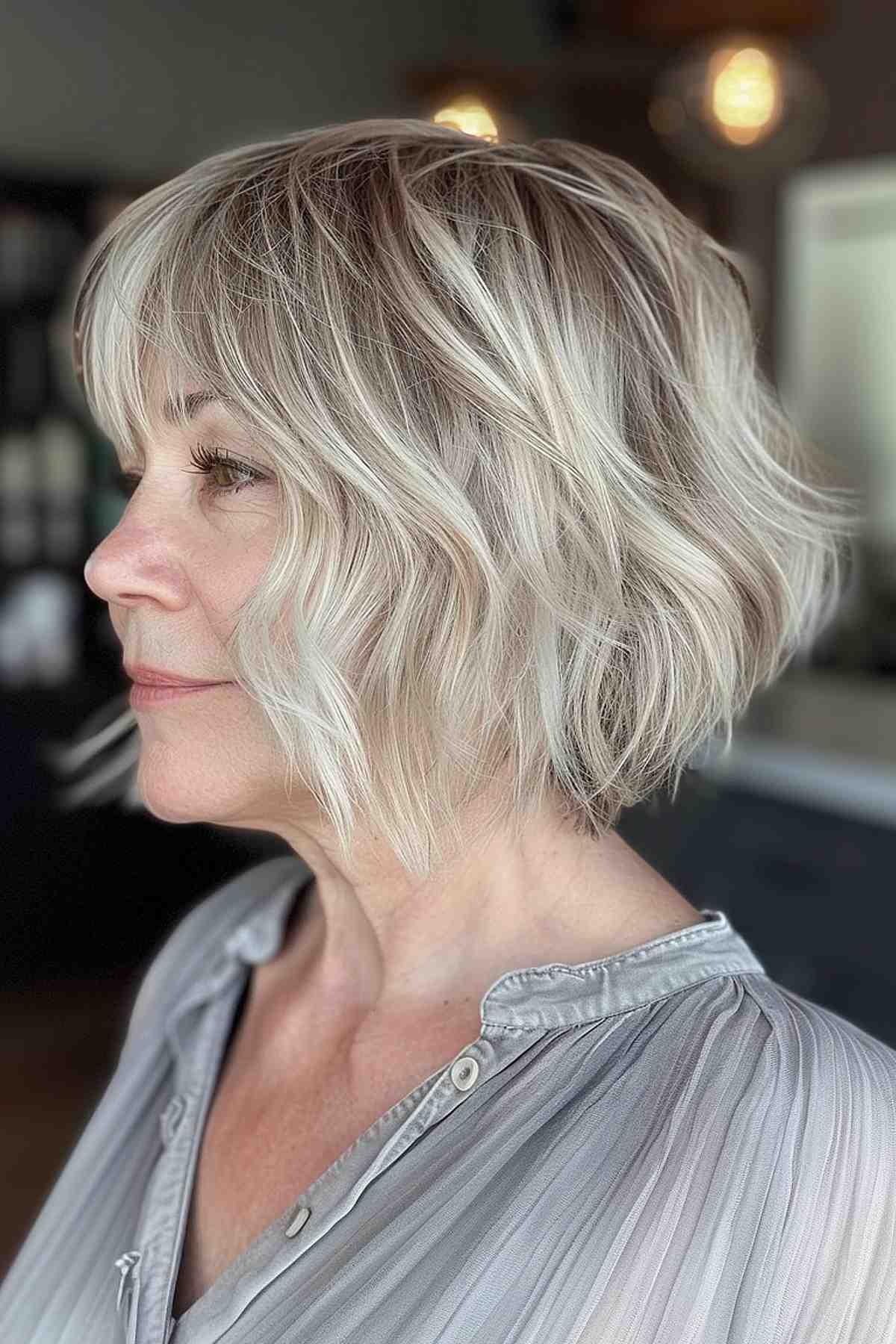 Blonde shaggy bob for women over 50