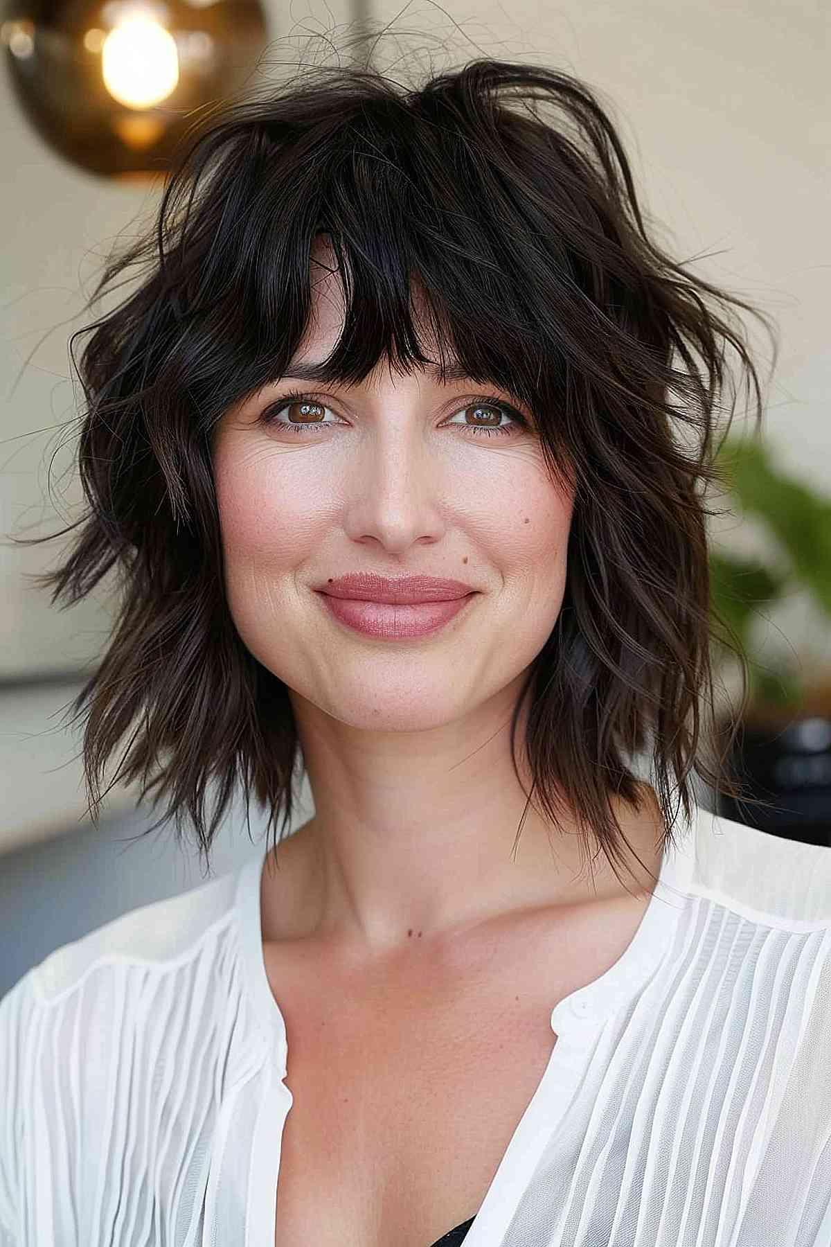 Choppy shaggy bob haircut with bangs