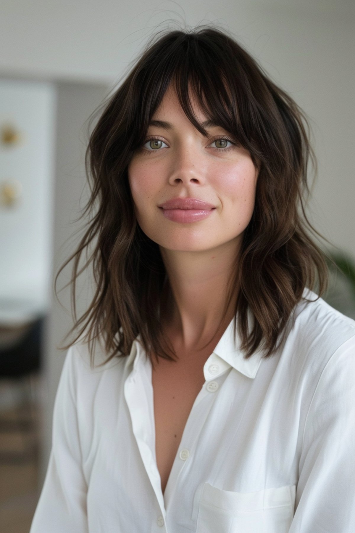 Kitty cut wavy layered choppy bob with bangs for medium thick hair