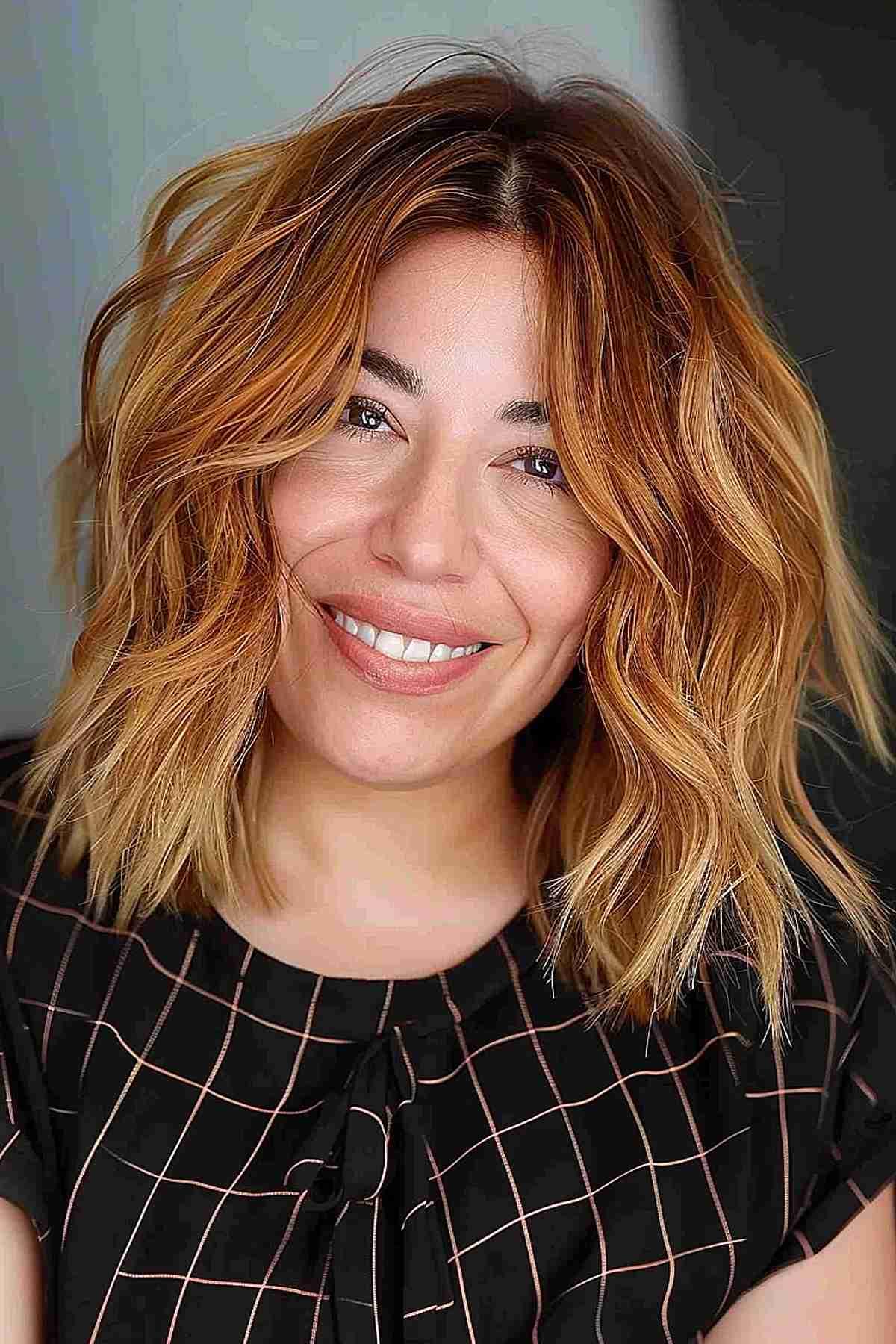 shaggy shoulder-length bob and copper balayage