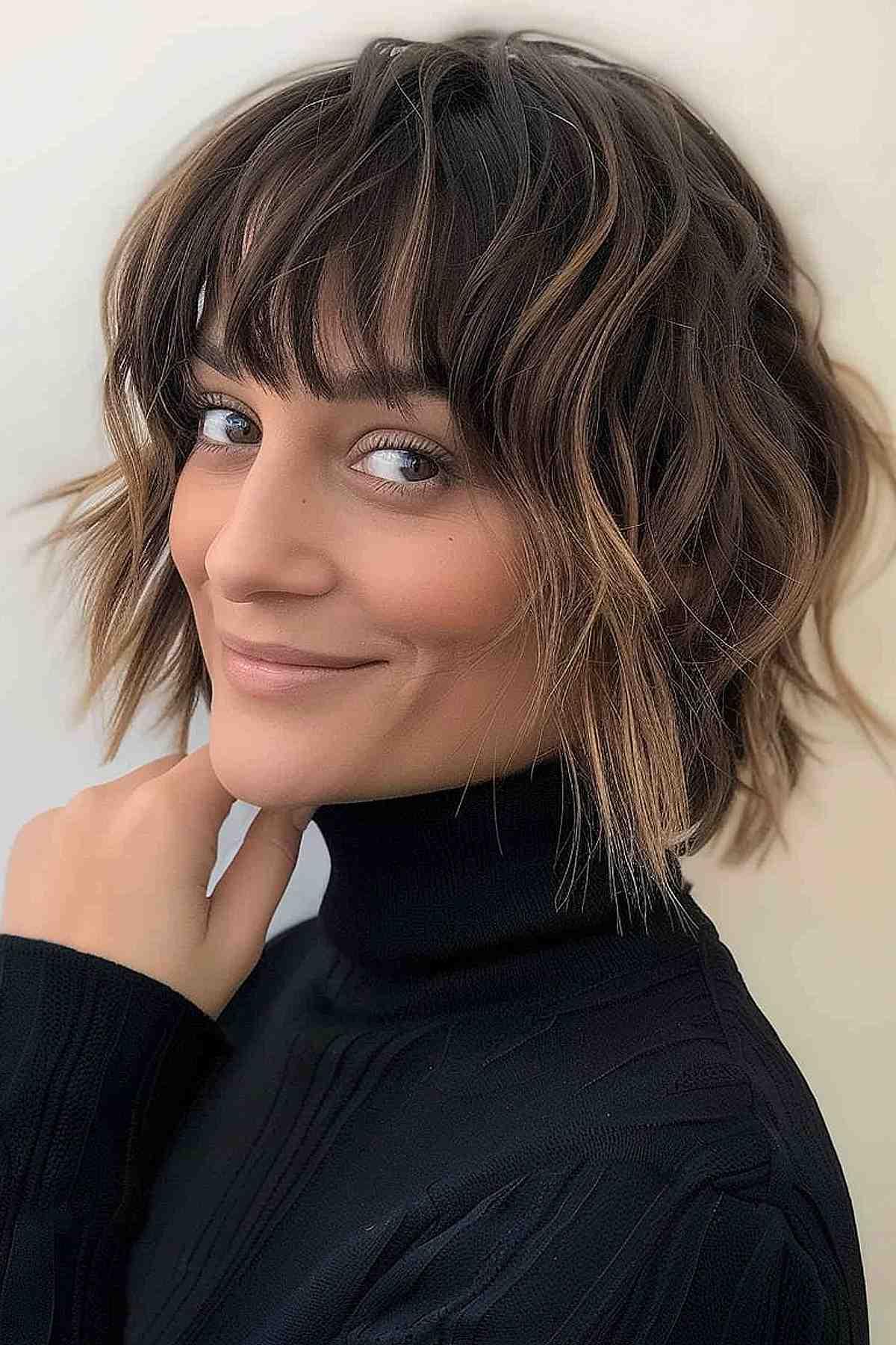 Shaggy wavy bob with blunt bangs