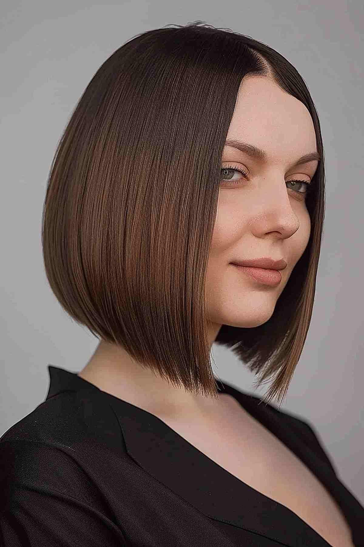 Sleek angled blunt bob haircut with sharp edges and glossy finish