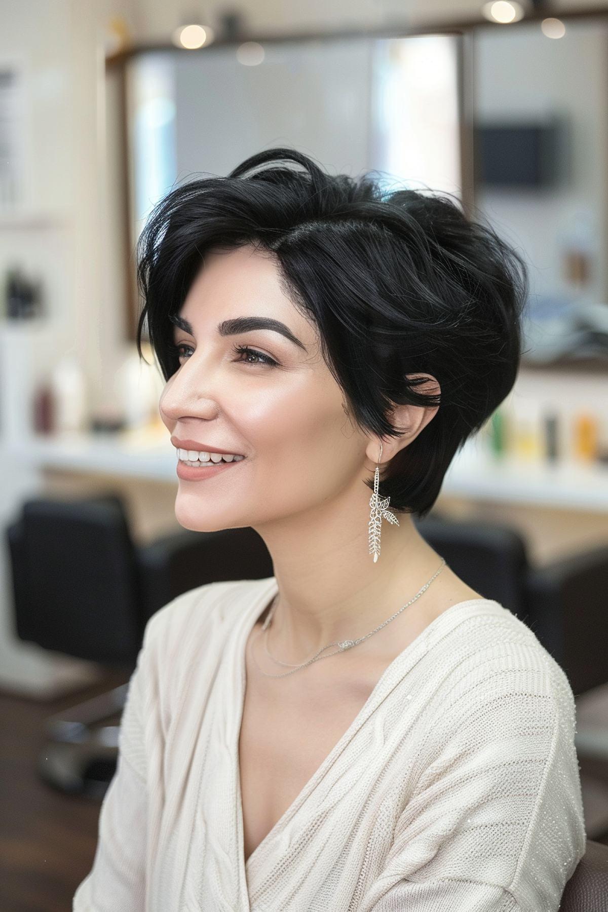 Stylish woman with voluminous black tousled wedge haircut