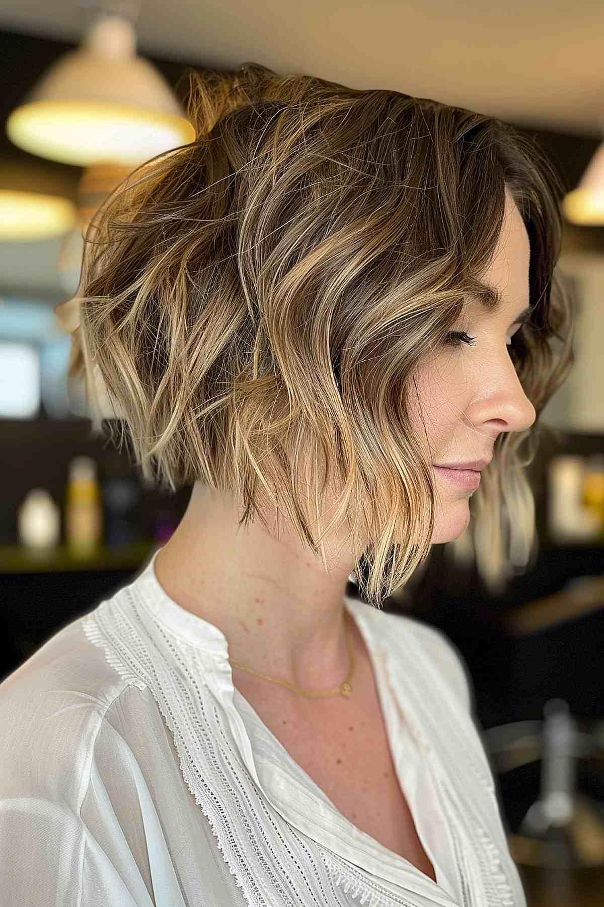 Textured inverted bob shag with blonde highlights for a voluminous look