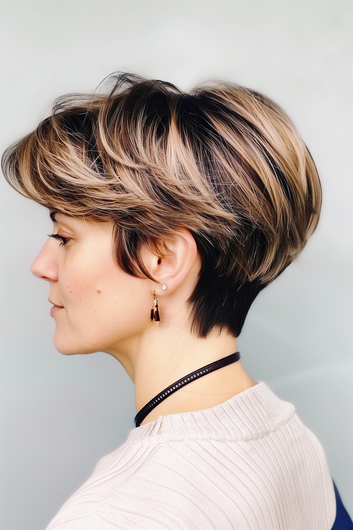 Woman with dynamic blonde-highlighted wedge haircut showing voluminous layers