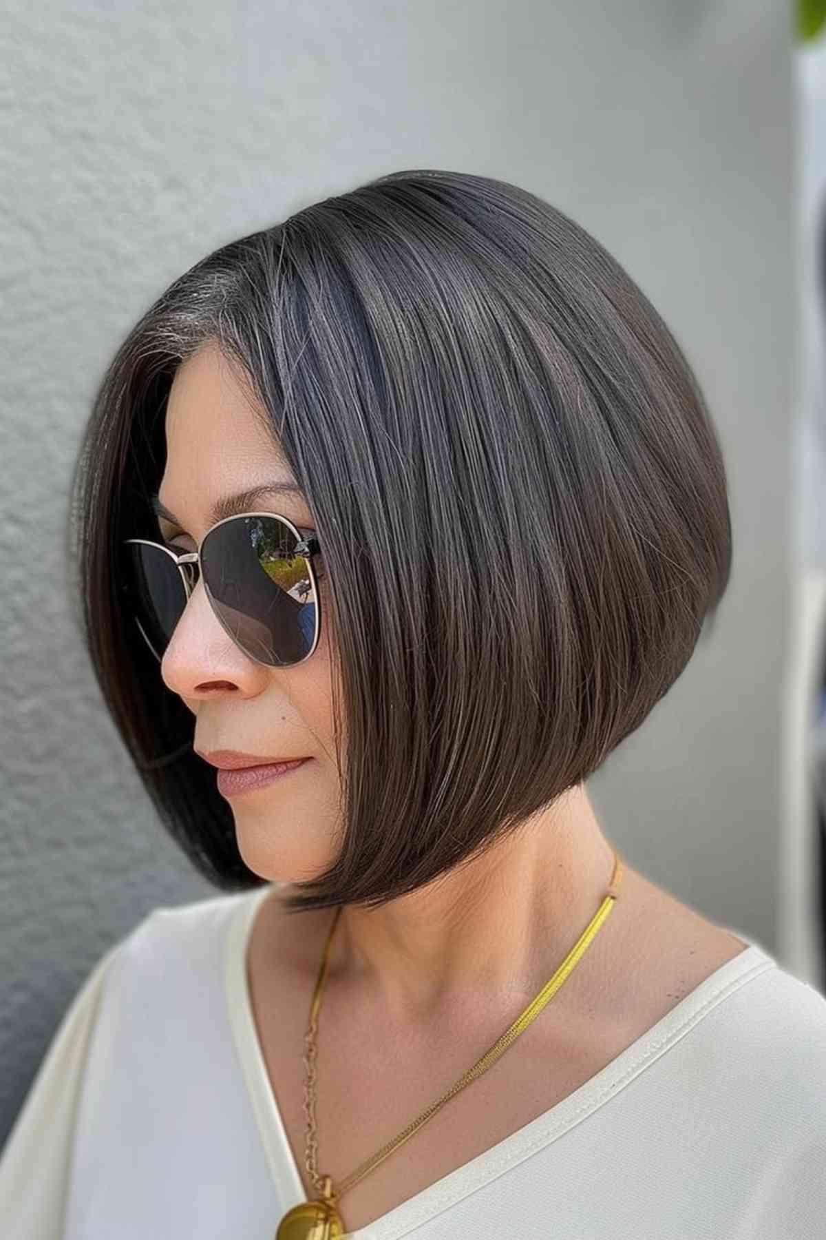 Woman with Sleek Brown Angled Bob Hairstyle