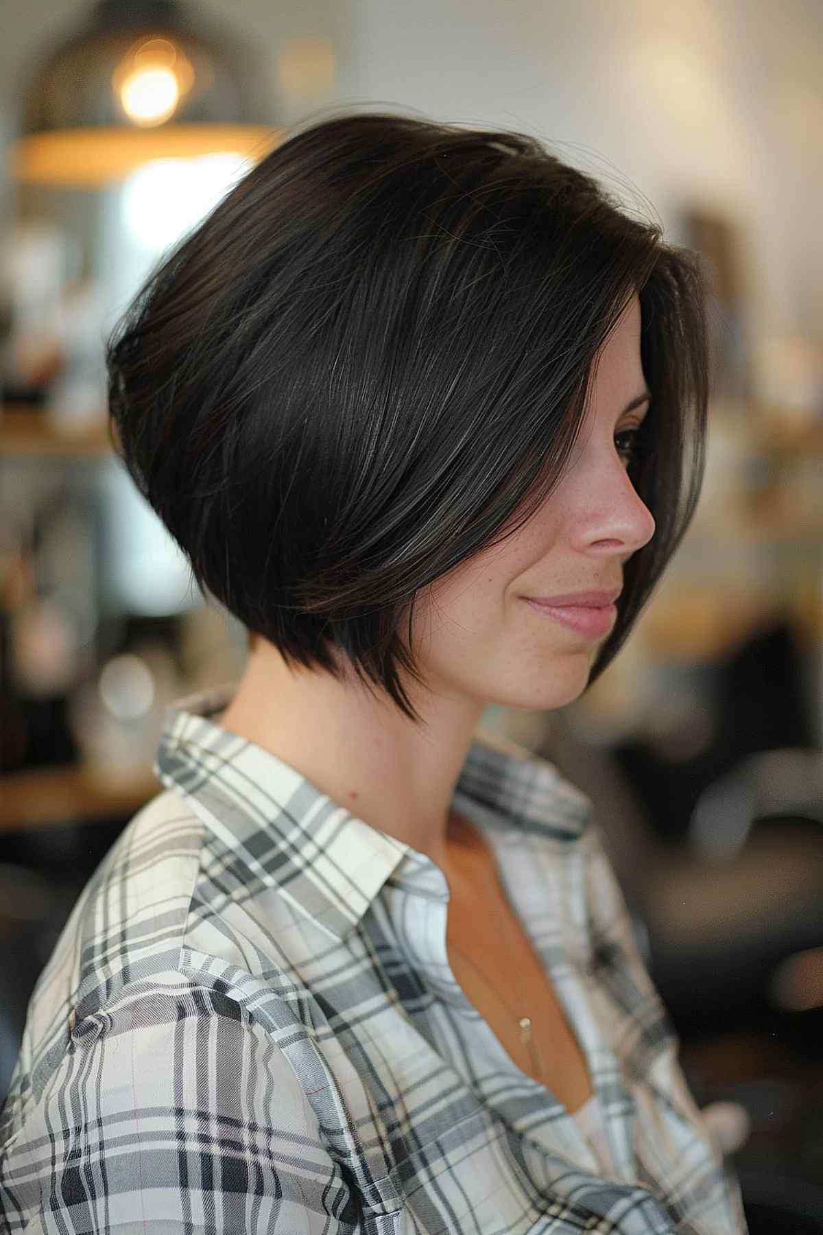 Airy slanted layered bob with a sharp angle for medium to coarse dark hair.