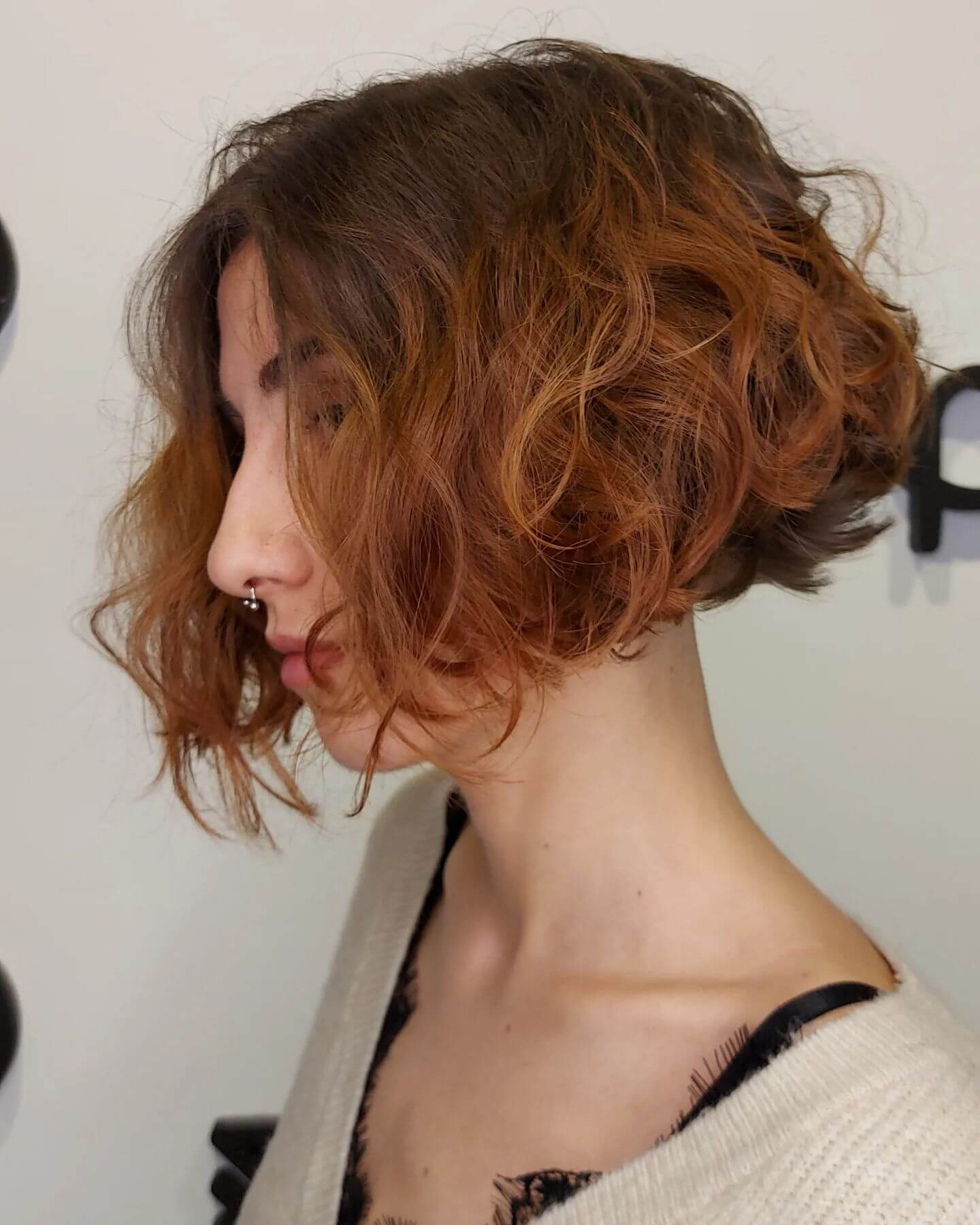 Beautiful short curly angled bob hairstyle