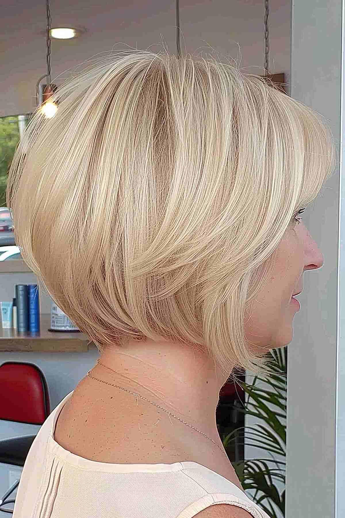 Blonde bob with slight graduation and feathered layers