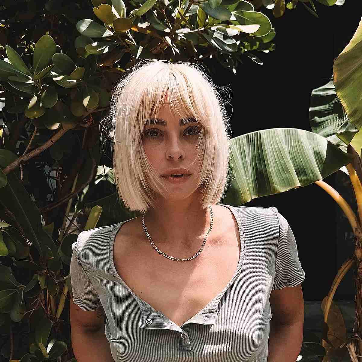 Blonde One-Length Shaggy Bob with Bangs