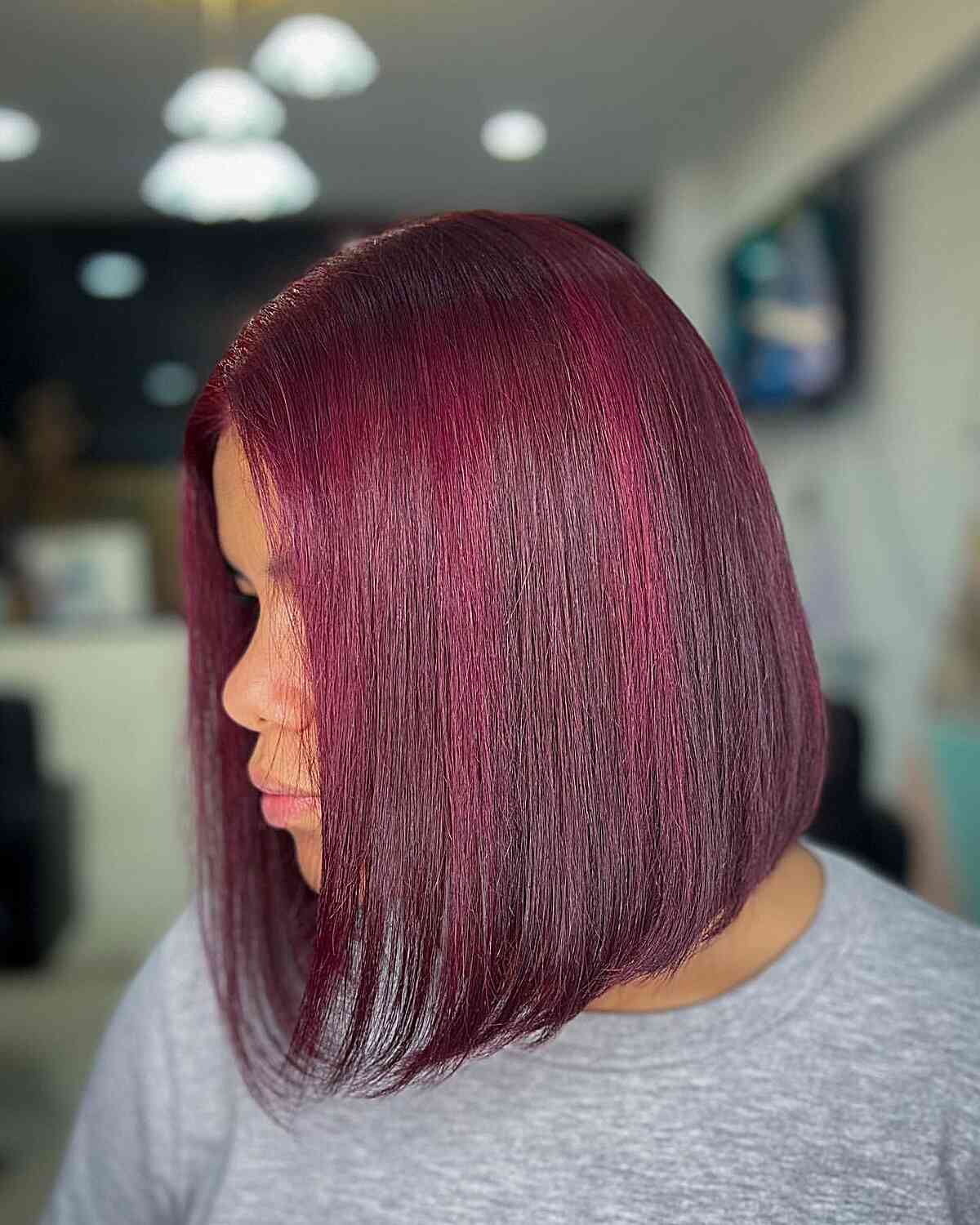 Bright Burgundy on Sleek Neck-Length Bobbed Hair for Straighter Locks