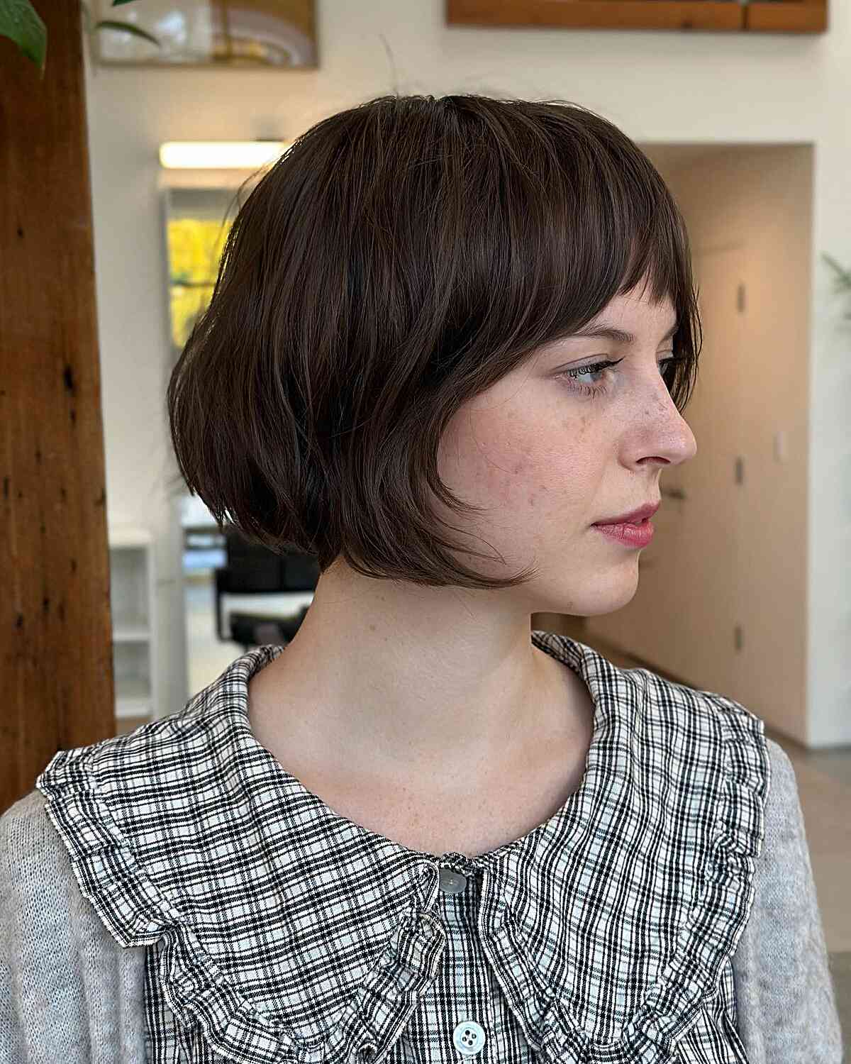 Brunette Short French Bob with Bottleneck Bangs