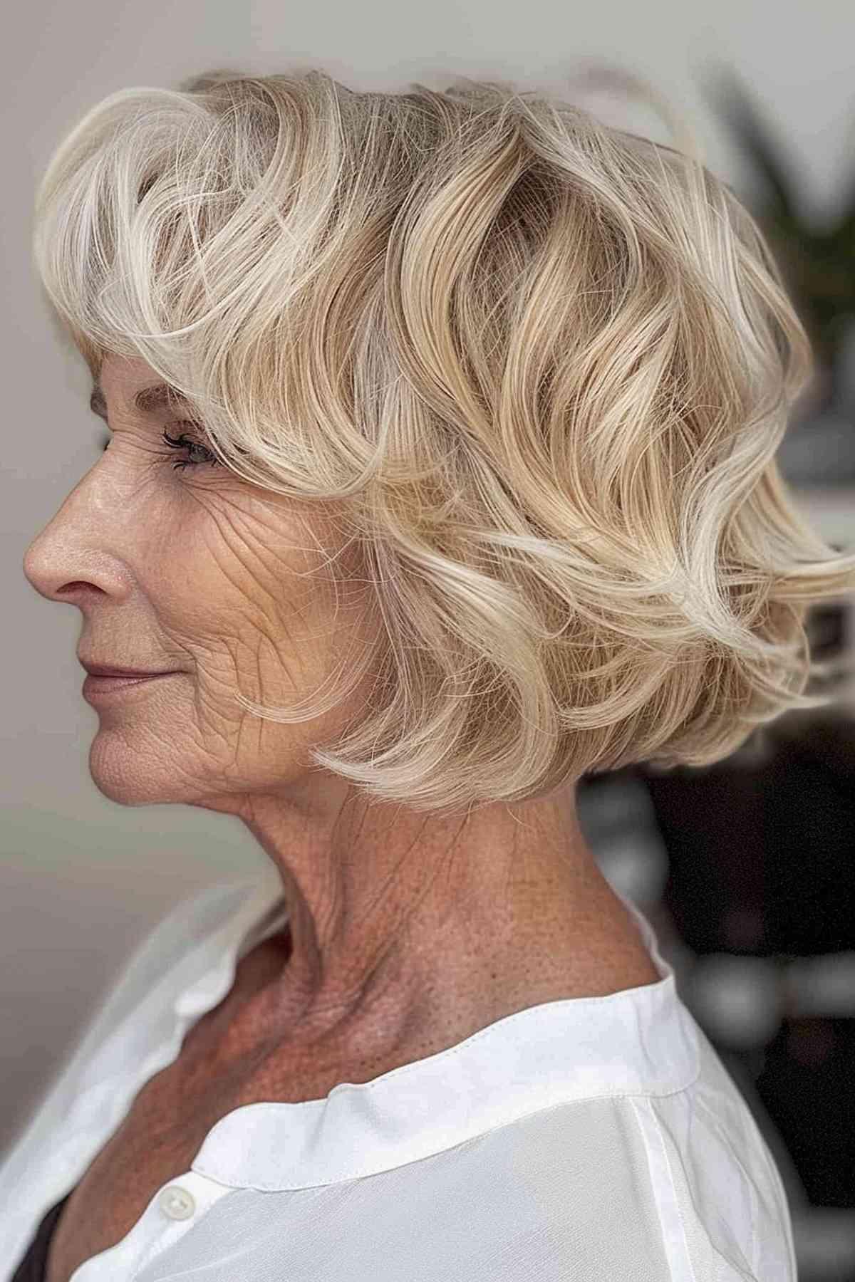 Chic blonde chin-length bob with short beach waves and dimensional color.