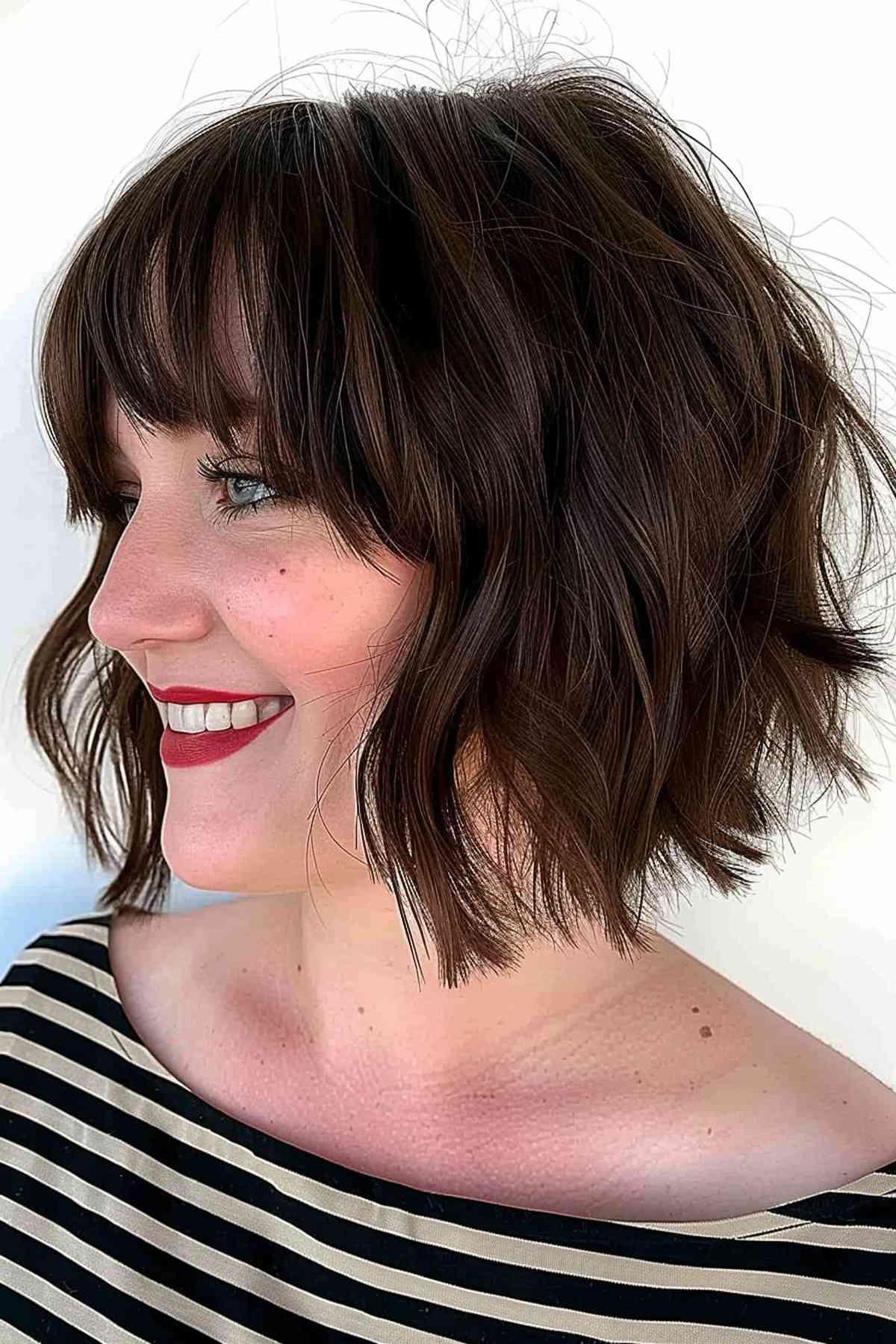 Chic dark brunette wavy bob with a full fringe, perfect for a playful yet refined style