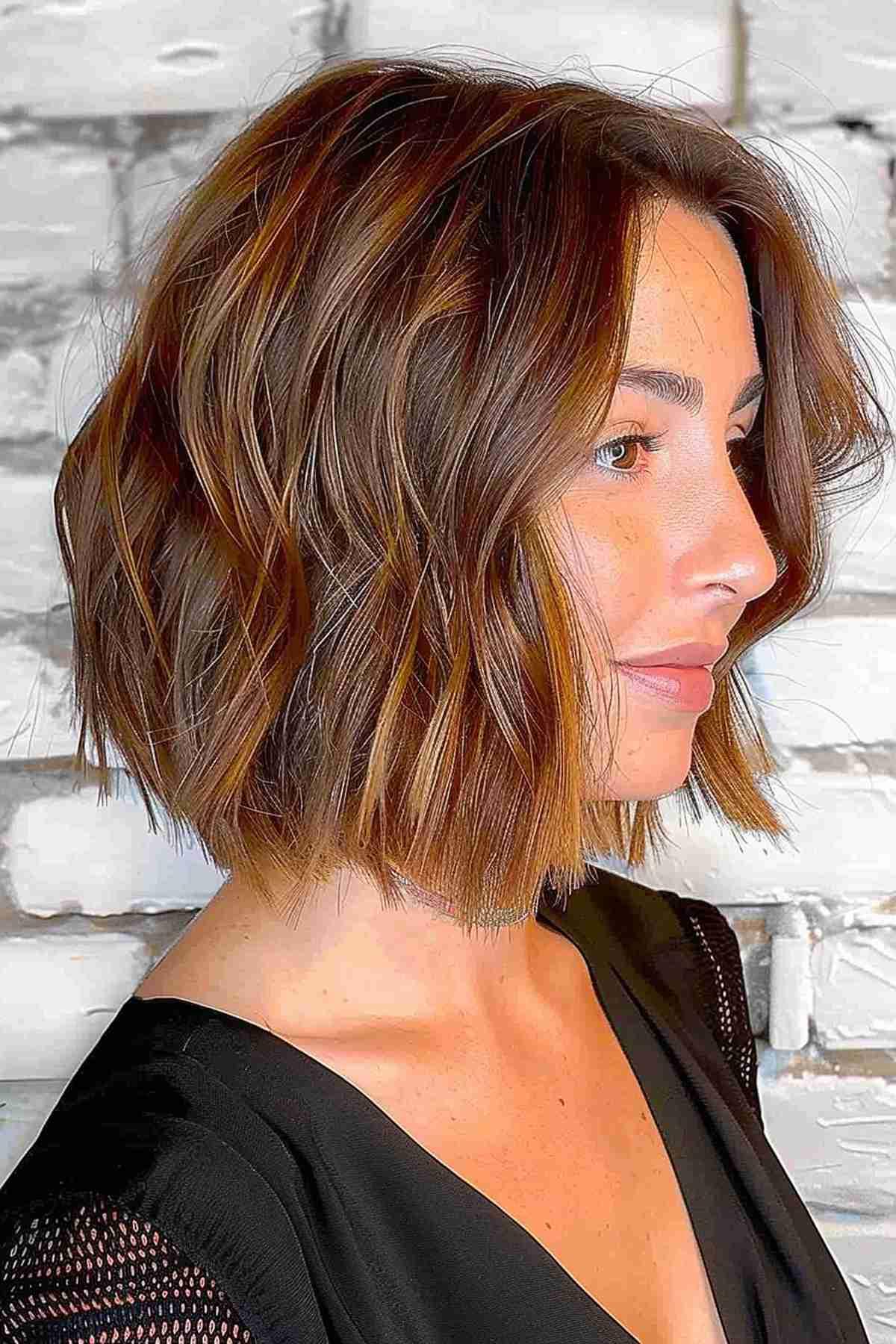 Chin-length brunette blunt bob with textured waves and subtle highlights.