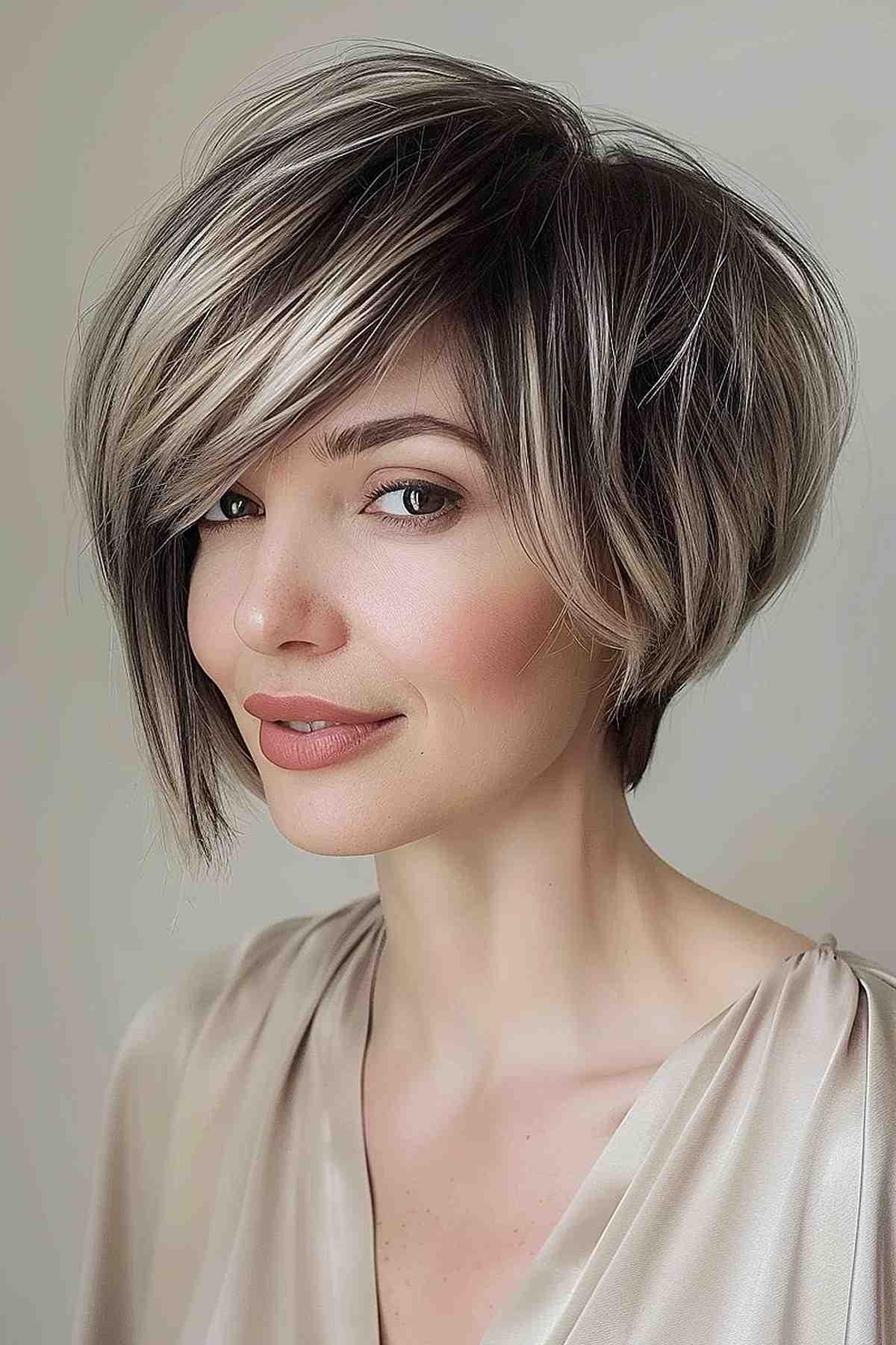 Chin-length stacked bob with side-swept fringe and two-tone highlights