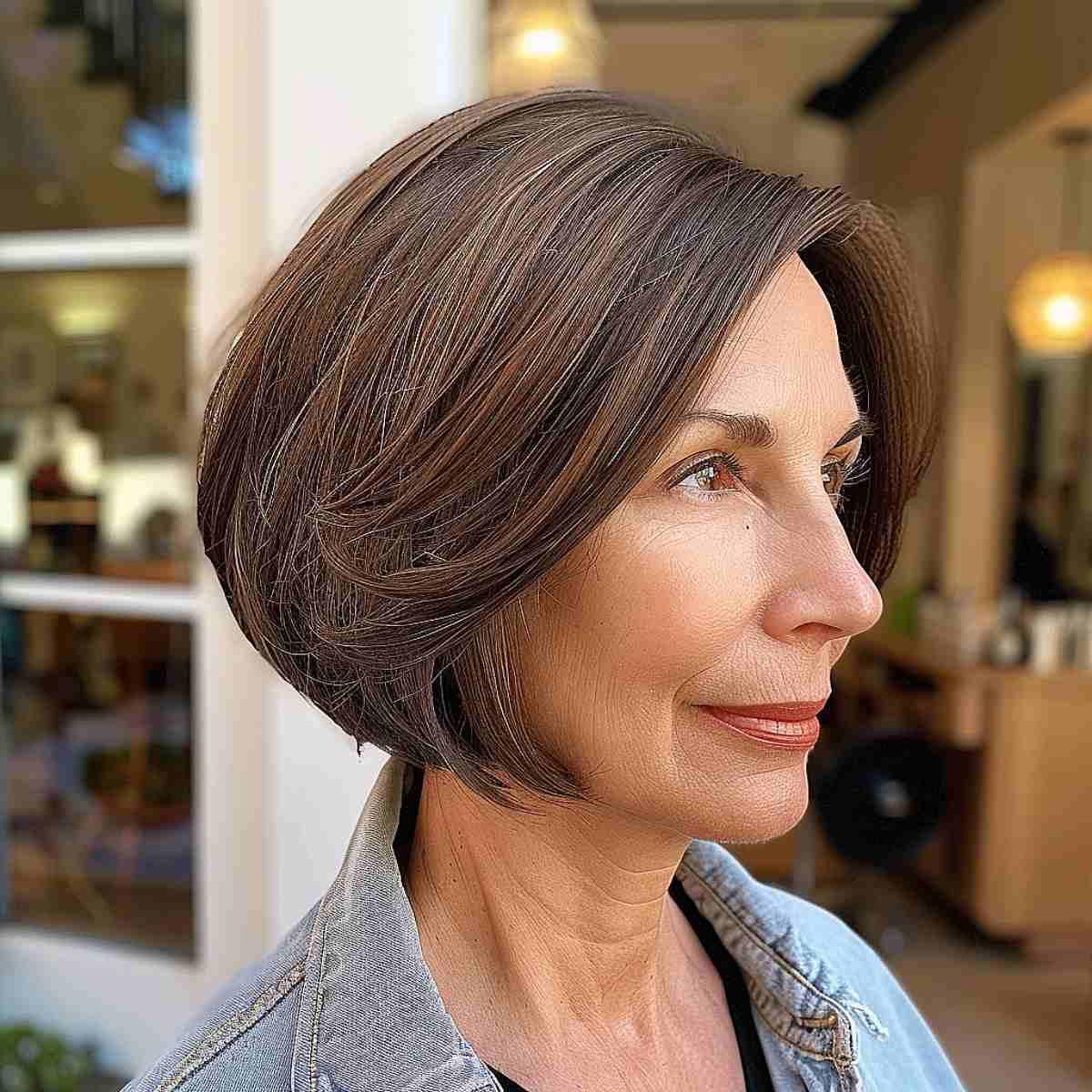 Chocolate jaw-length inverted bob for women over 60