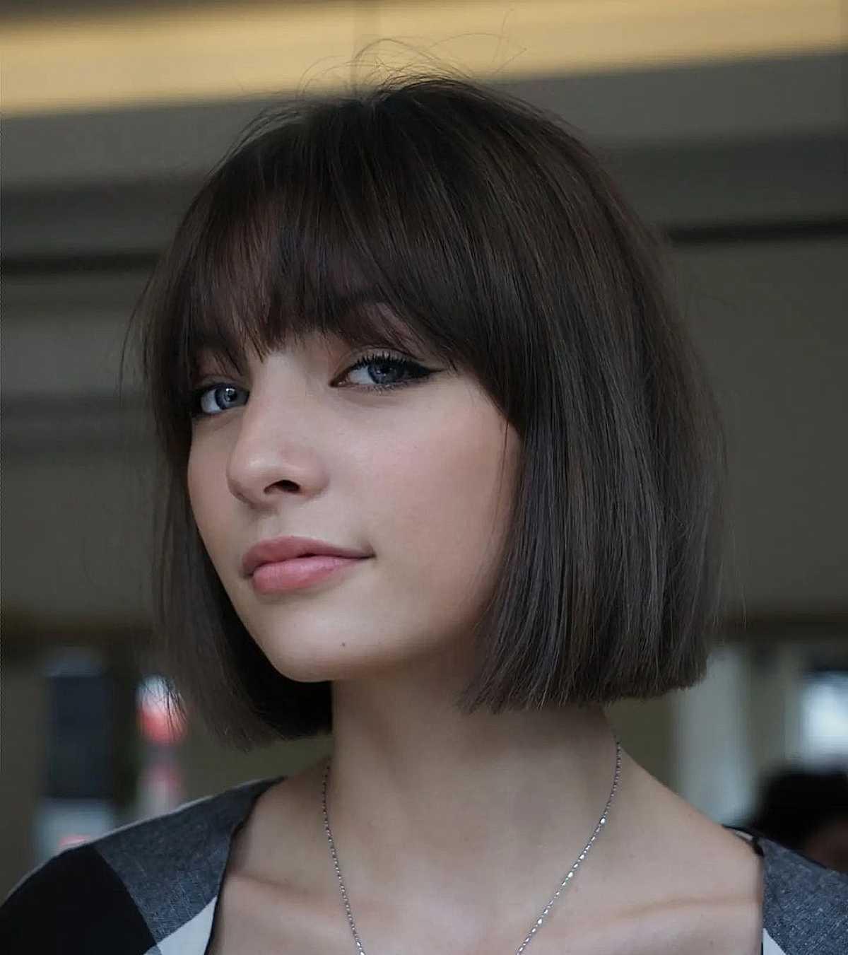 Chocolate One-Length Bob with Bangs