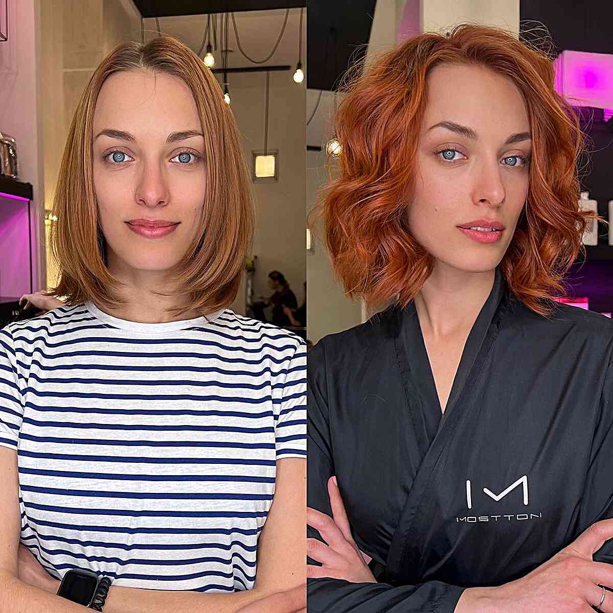 Corte Bob ondulado con raya lateral de color cobre para cabello fino y mujeres con forma de cara alargada