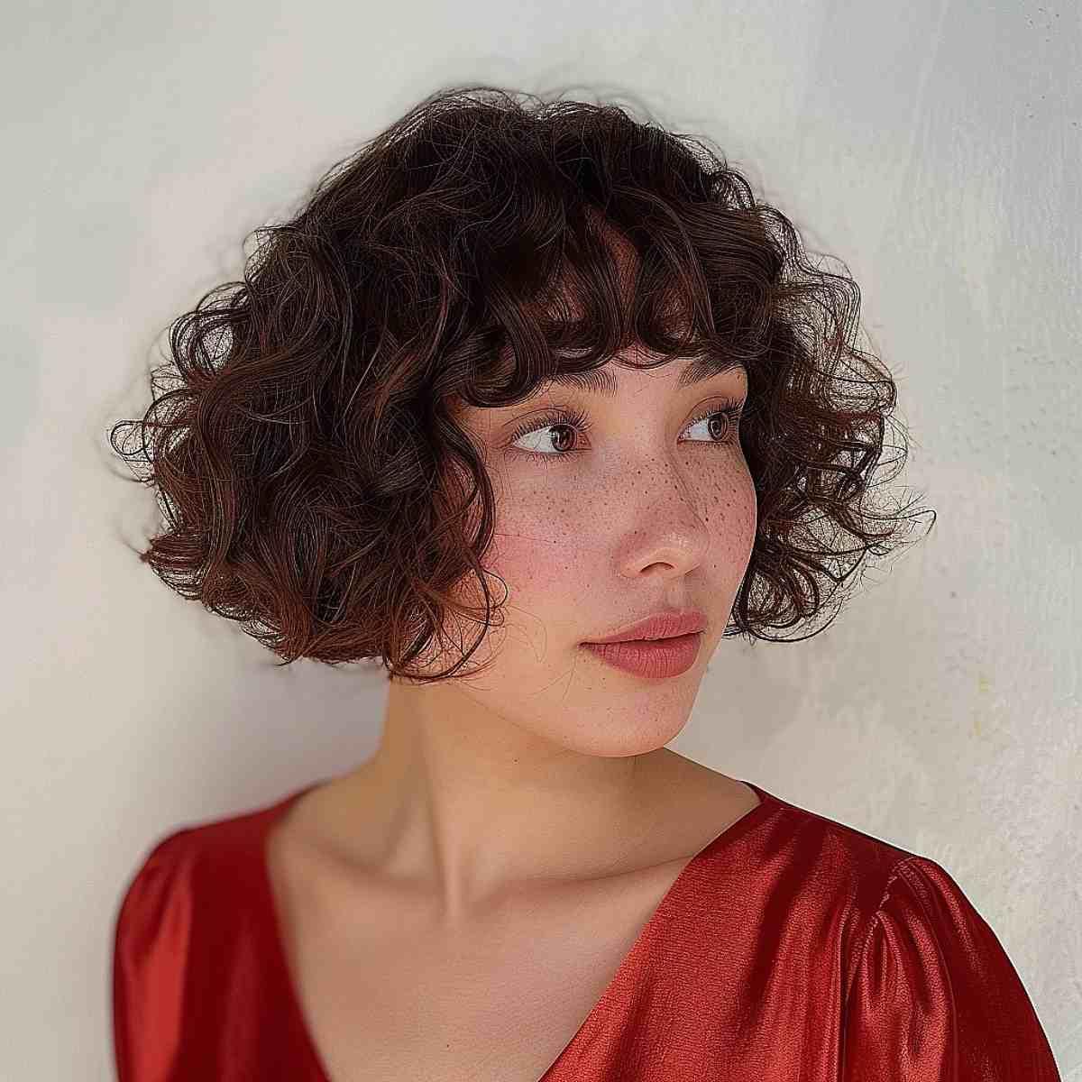 Curly A-Line Bob Haircut with Short Bangs