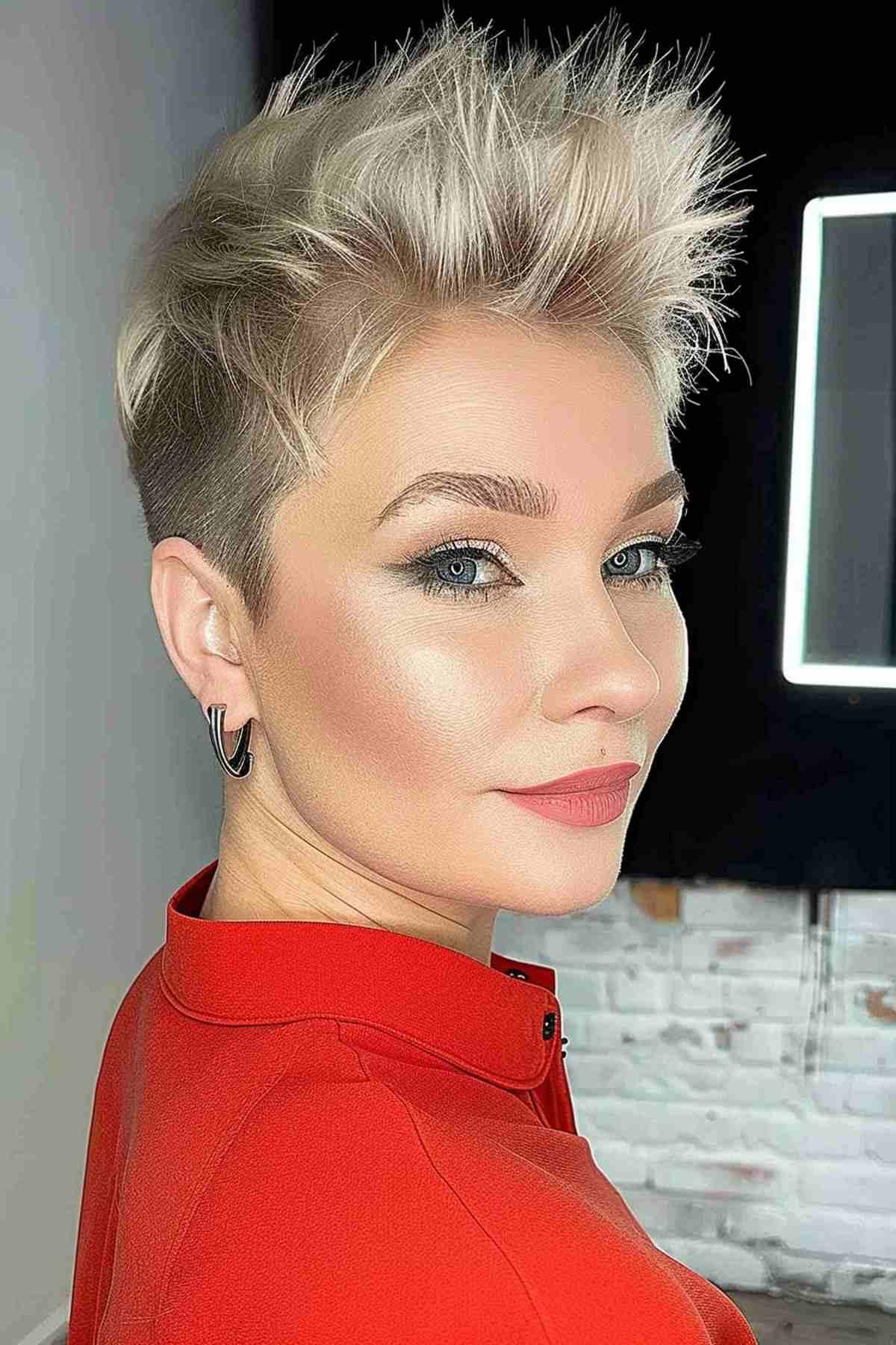 Edgy pixie cut with textured top and blonde highlights 