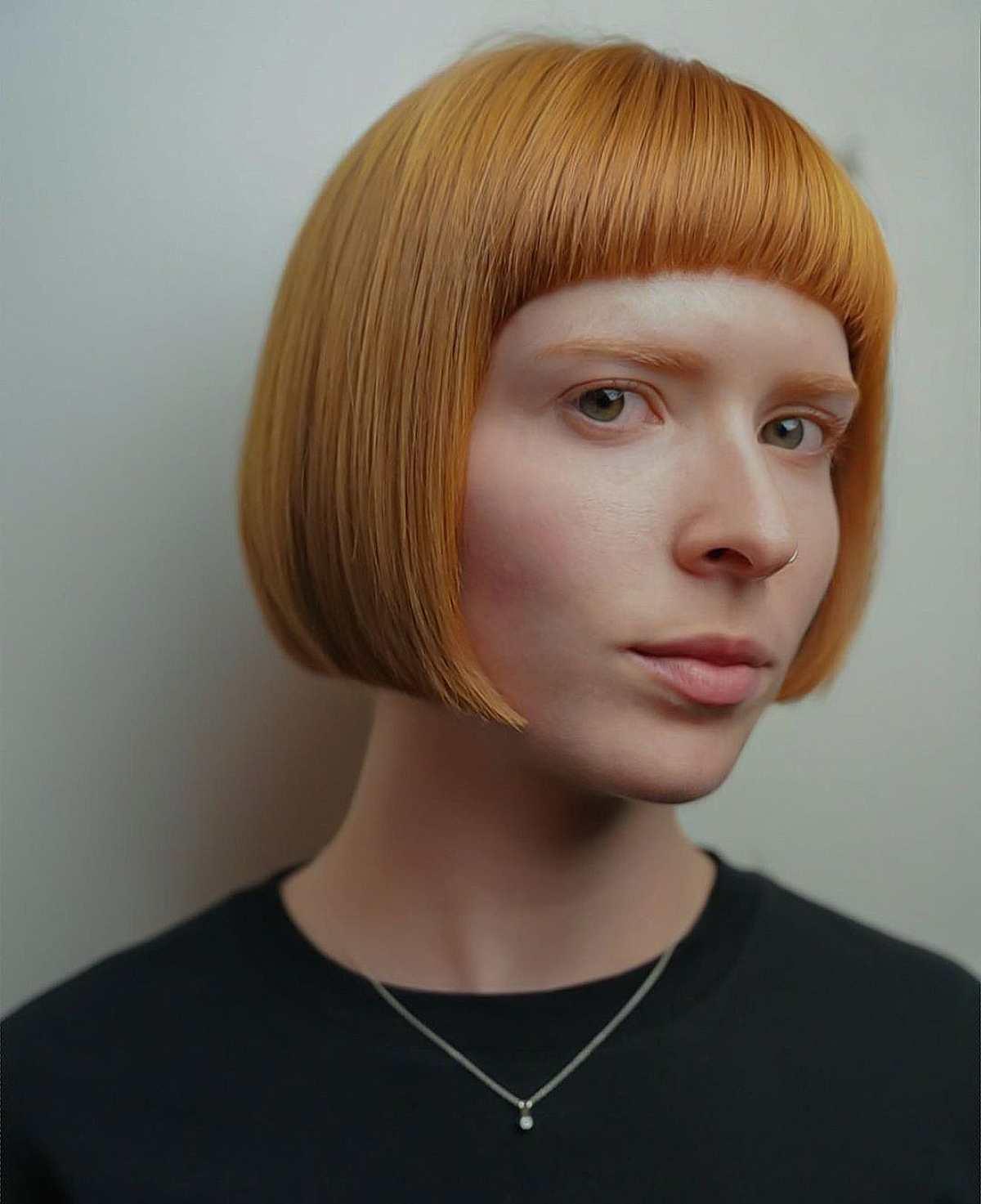 Feminine One-Length Bob with Short Sleek Bangs