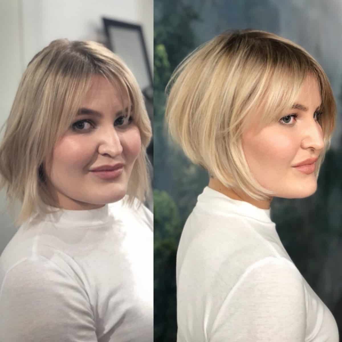 Graduated cut with curtain bangs