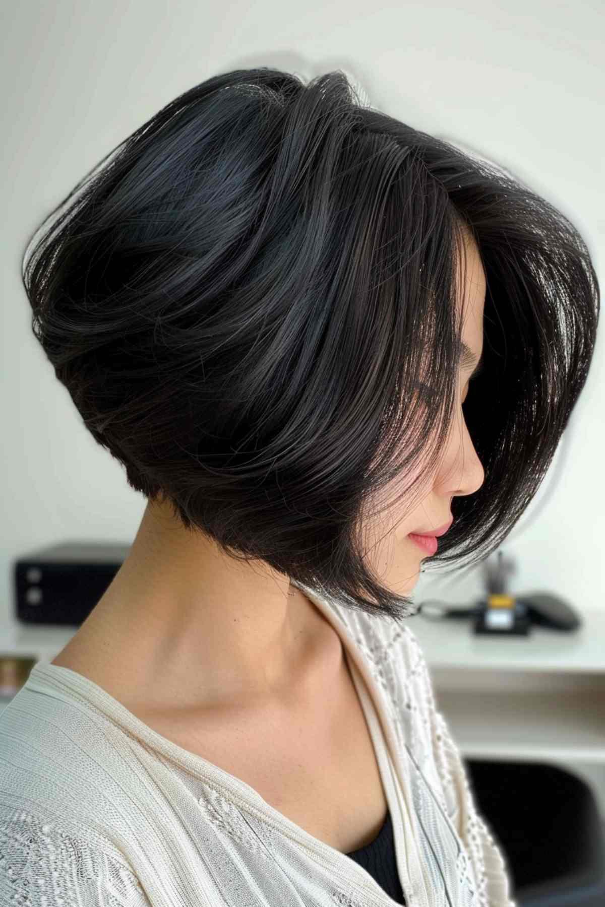 Graduated layered bob haircut with dark, thick hair and dramatic graduation from nape to chin.