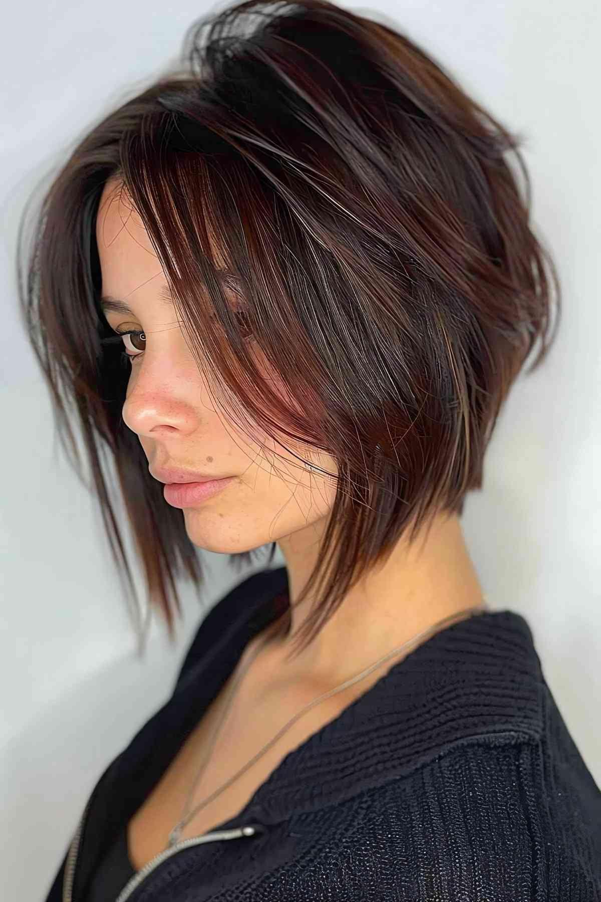 Inverted Bob With Brown Highlights and Dark Hair