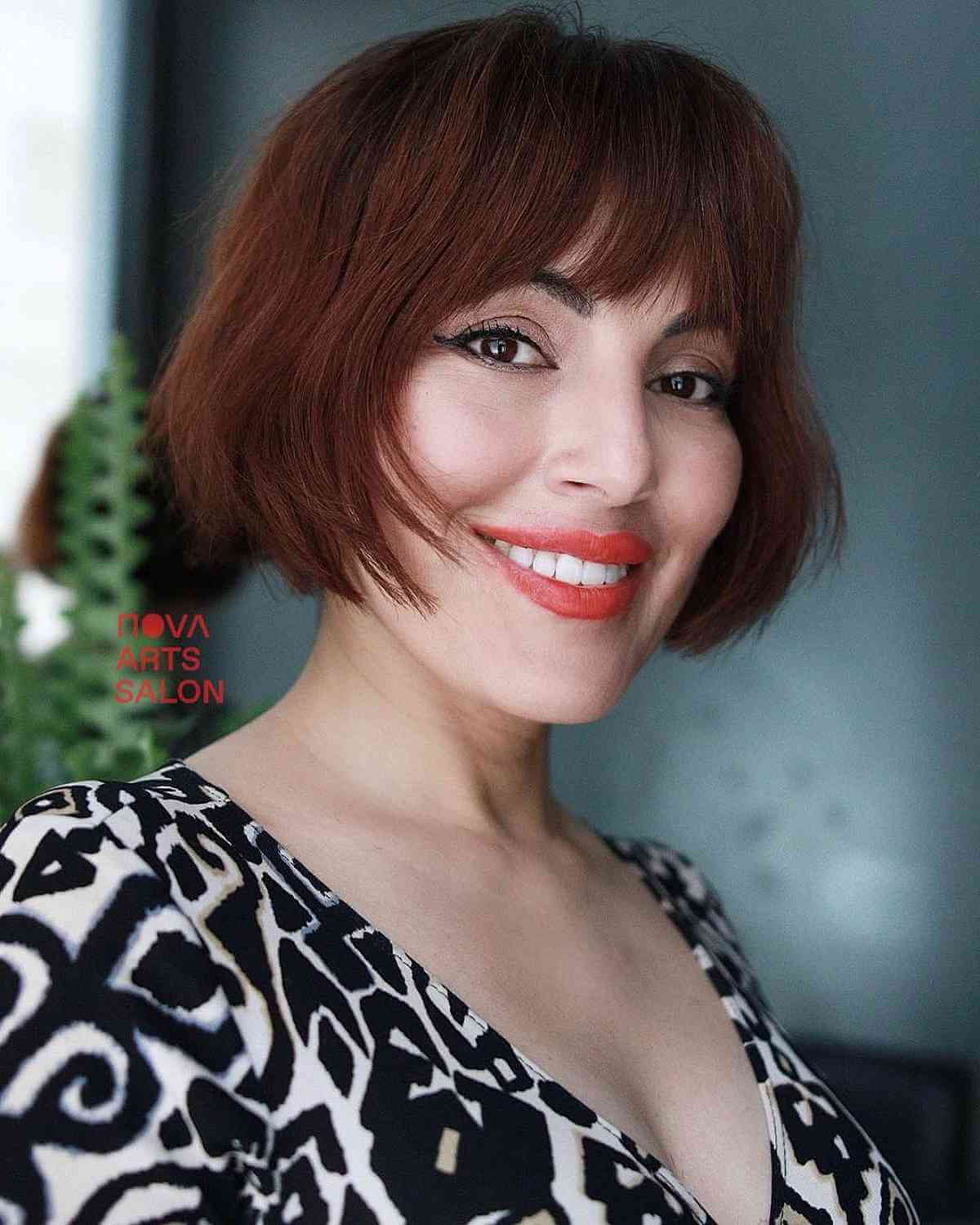 Jaw-Length Dark Red Bob with Choppy Fringe