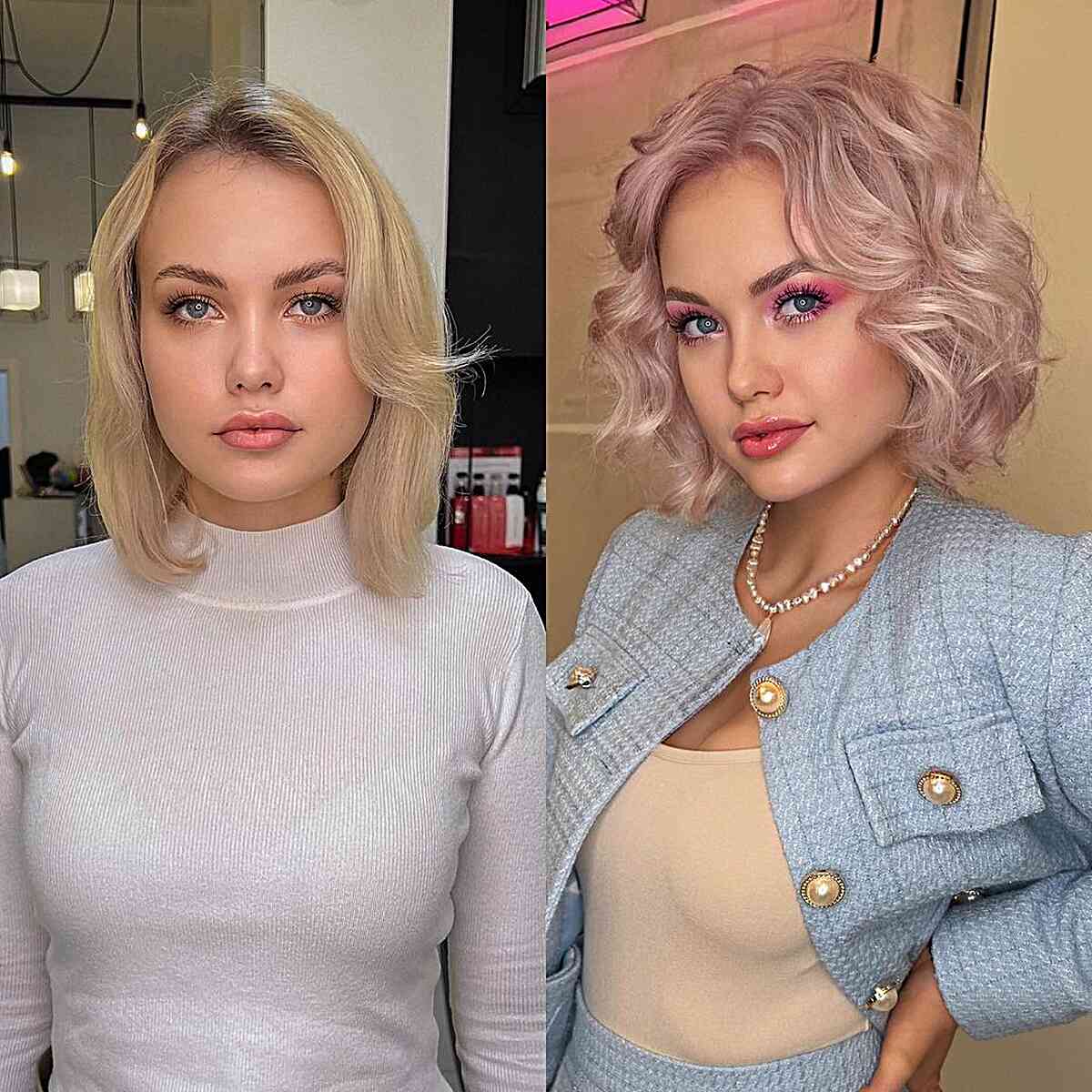 Estilo bob despeinado rosa claro para cabello fino y raya al medio para cabello ondulado