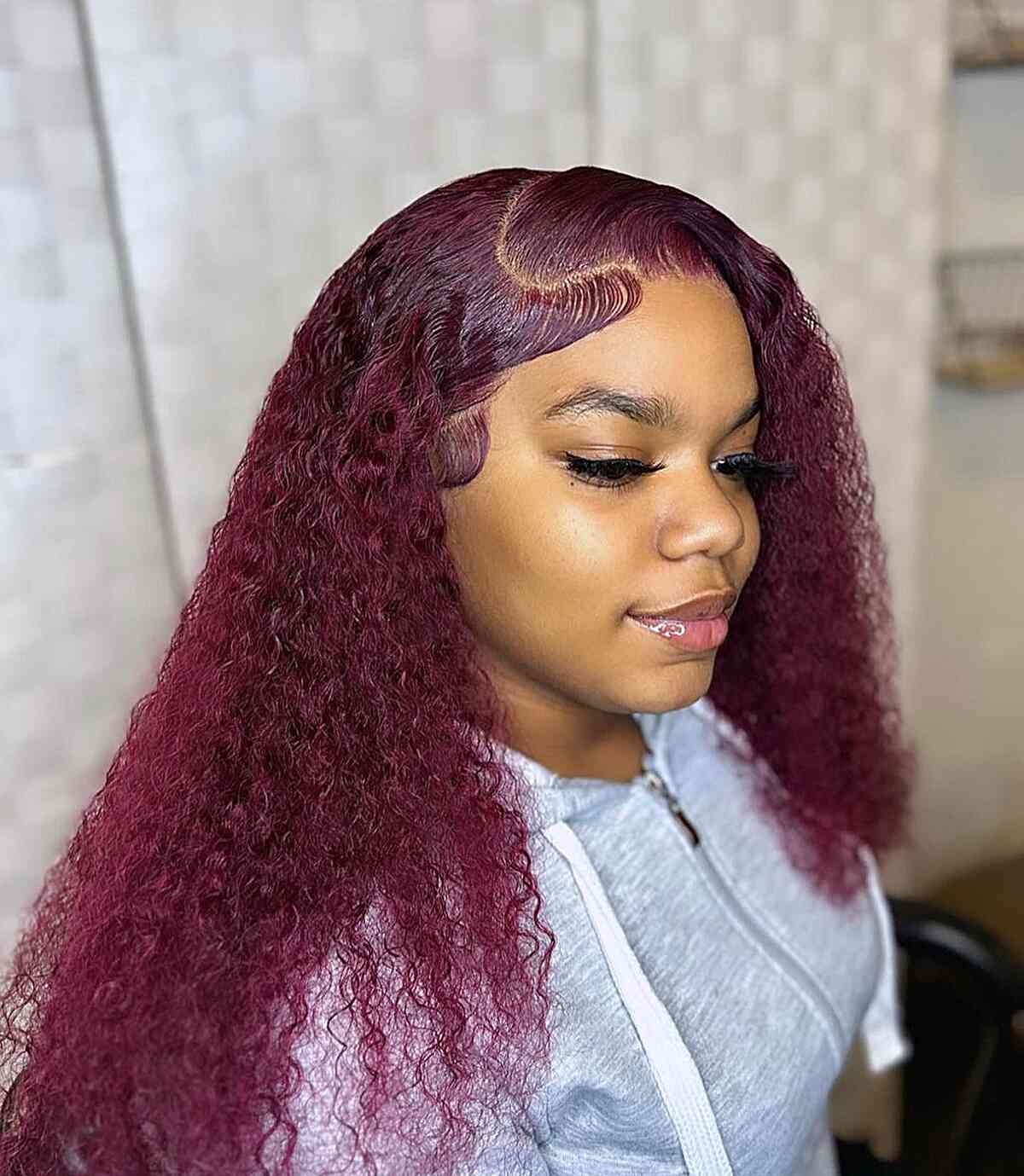 Long Fiery Burgundy Red Kinky Wig on Black Ladies