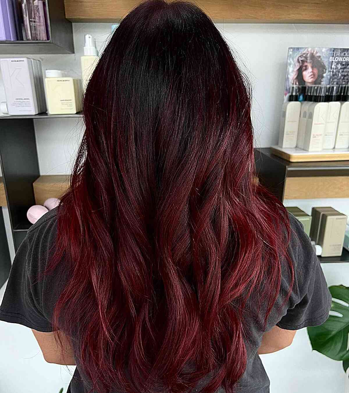 Melted Maroon Burgundy Balayage on Longer Dark Hair