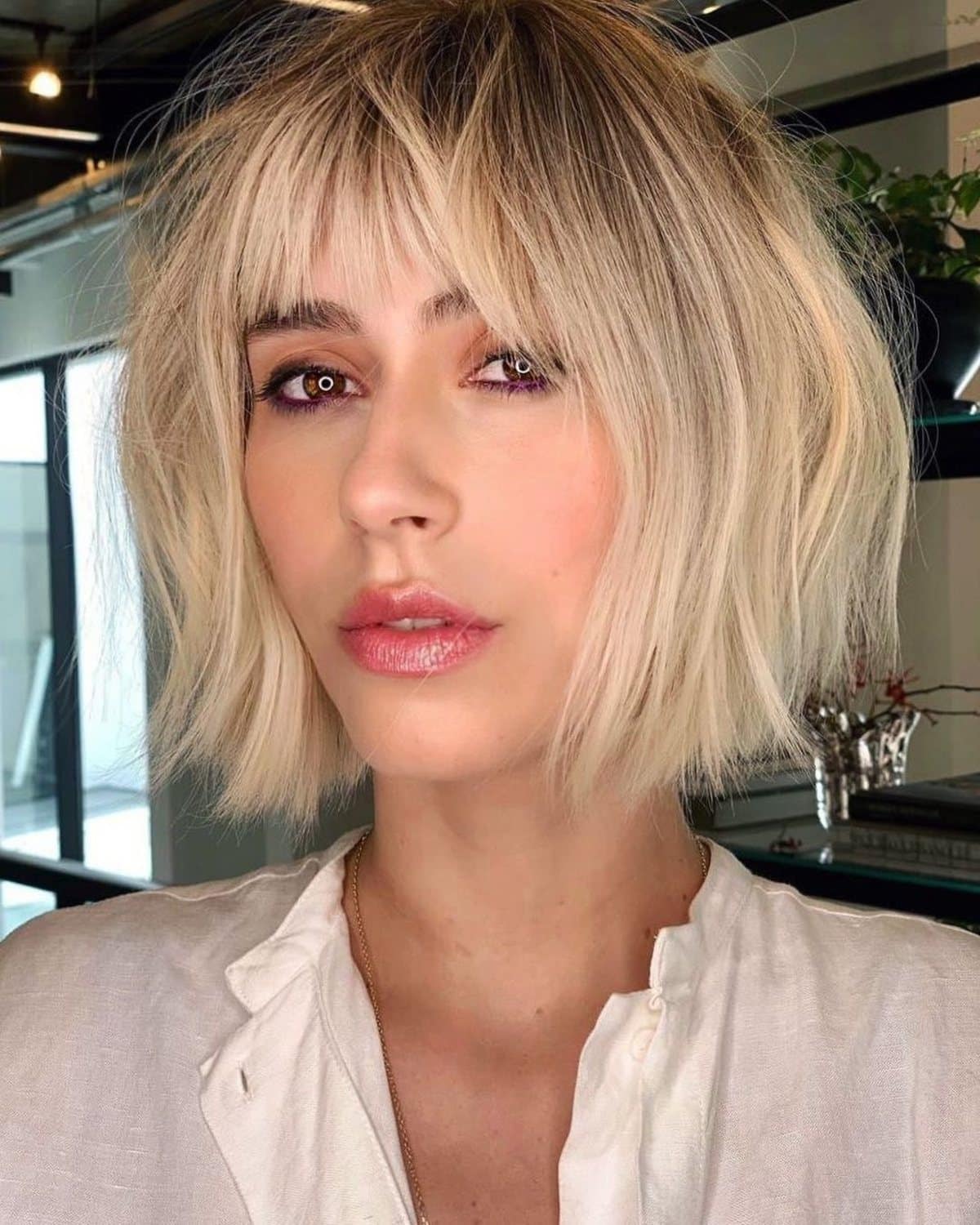 Mid-Length Choppy Balayage Bob with Bangs