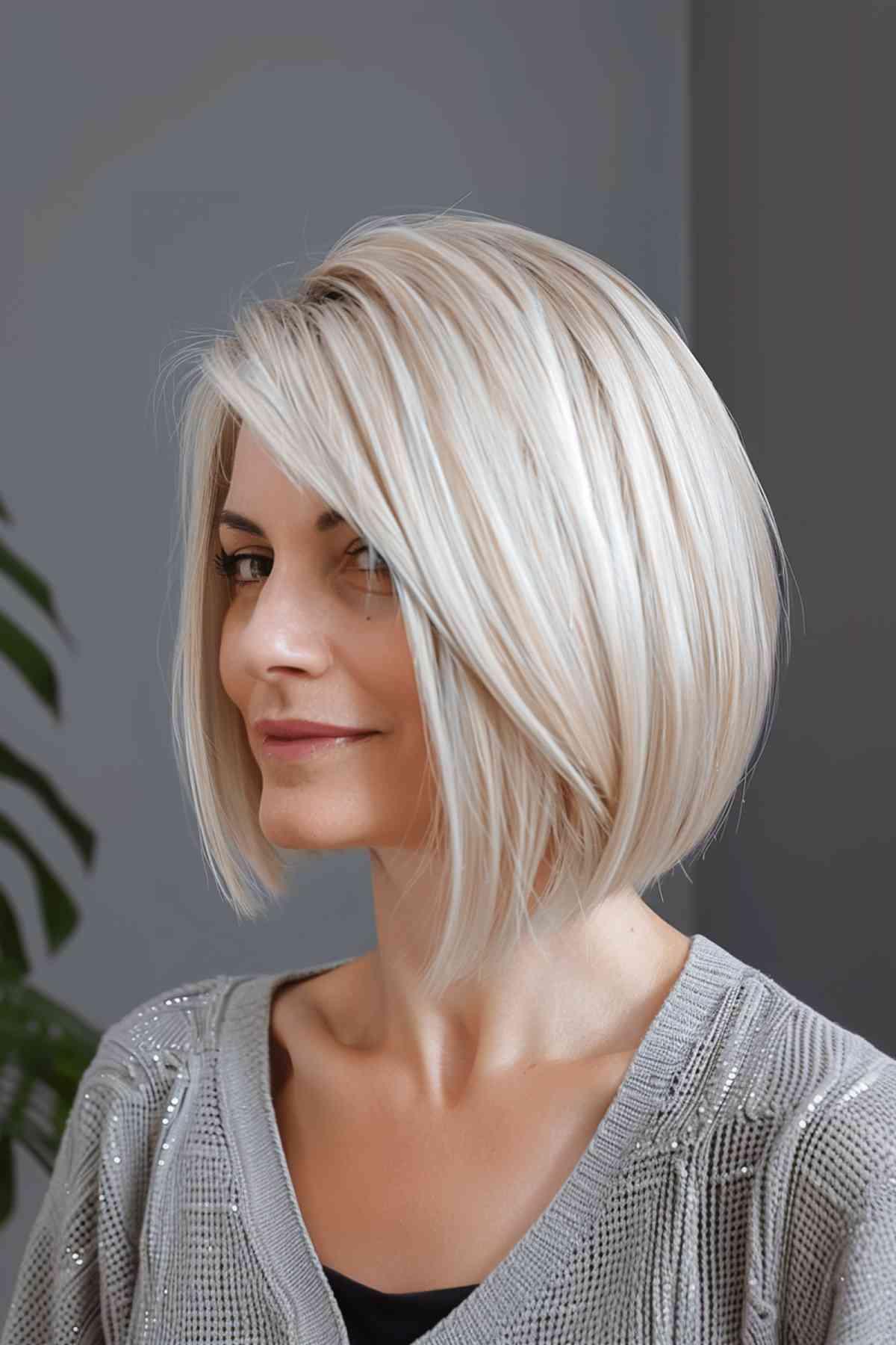 Neck-length angled bob with platinum blonde balayage