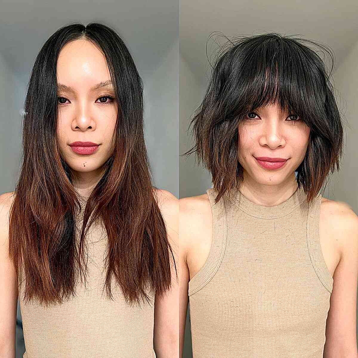 Neck-Length Choppy Bob with Bottleneck Bangs