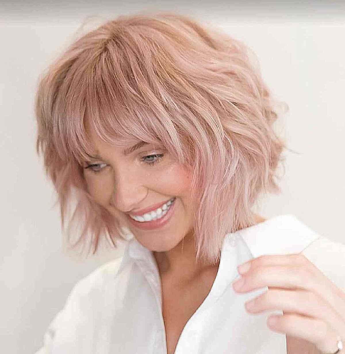 Neck-length Layered Soft Pink Shaggy Bob with Messy Fringe